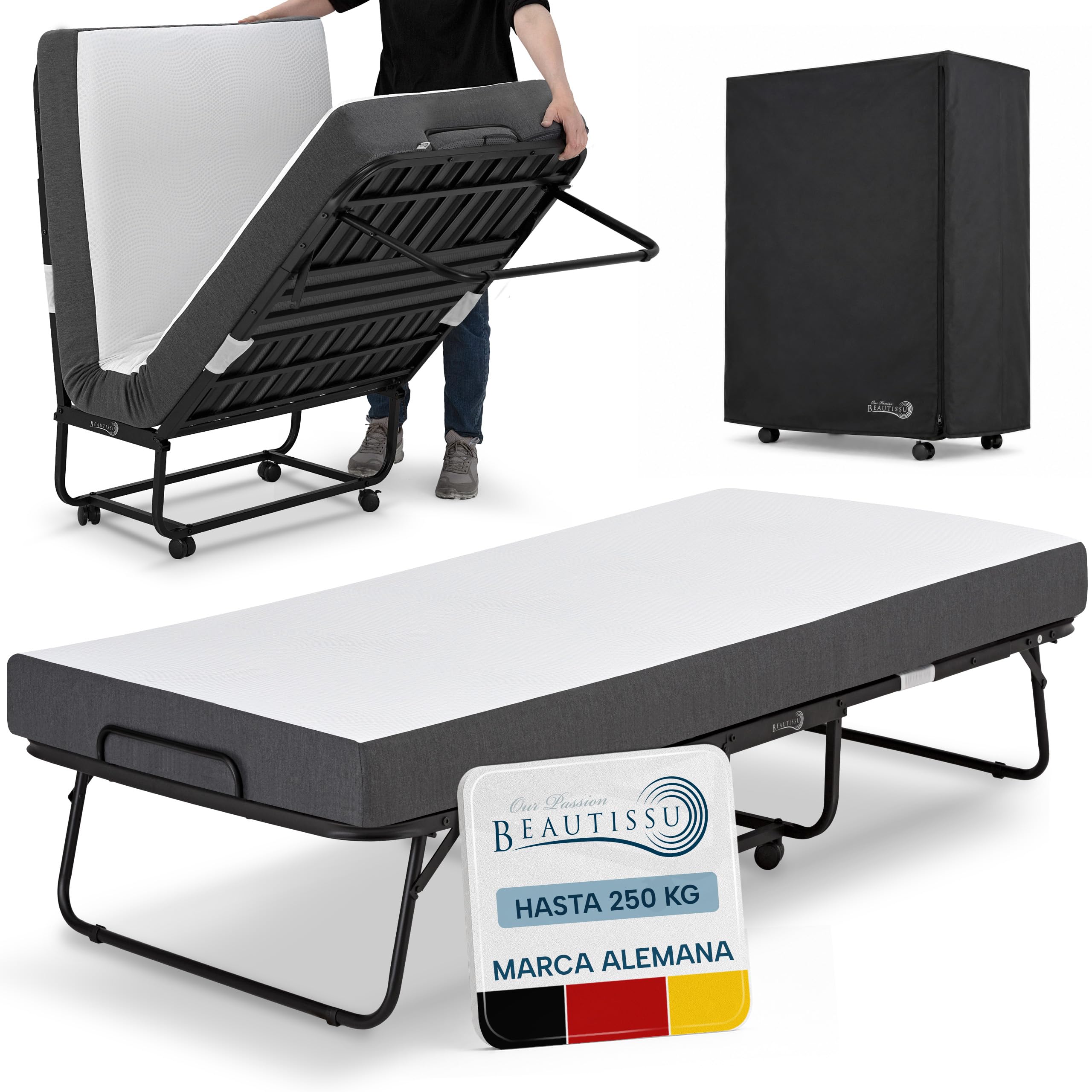 Beautissu Cama Plegable Auxiliar con colchón Espuma viscoelástica Adultos | 90x200cm de 13cm para hasta 250 kg freno funda ahorro espacio Ruedas invitados supletoria invitados Traumkraft L
