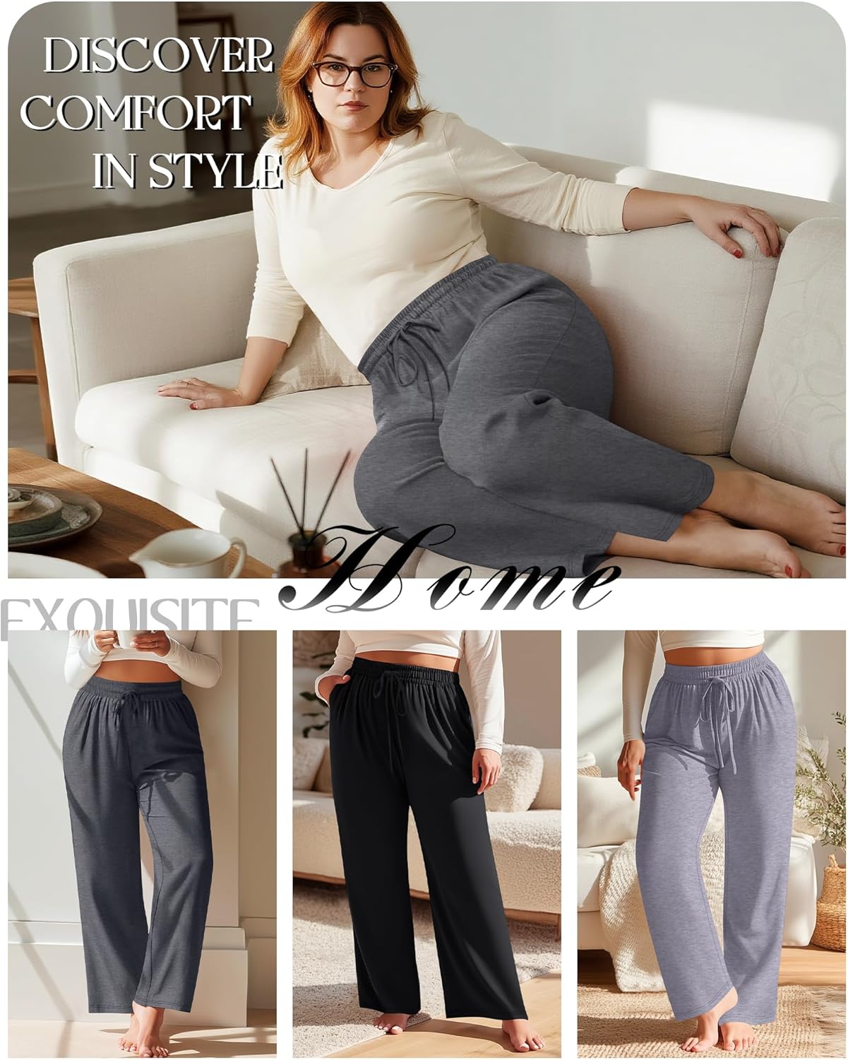 Neer 4 Pack Women's Plus Size Sweatpants Wide Leg Elastic Waist Lounge Yoga Pants Loose Fit Drawstring Jogger with Pockets - Image 2