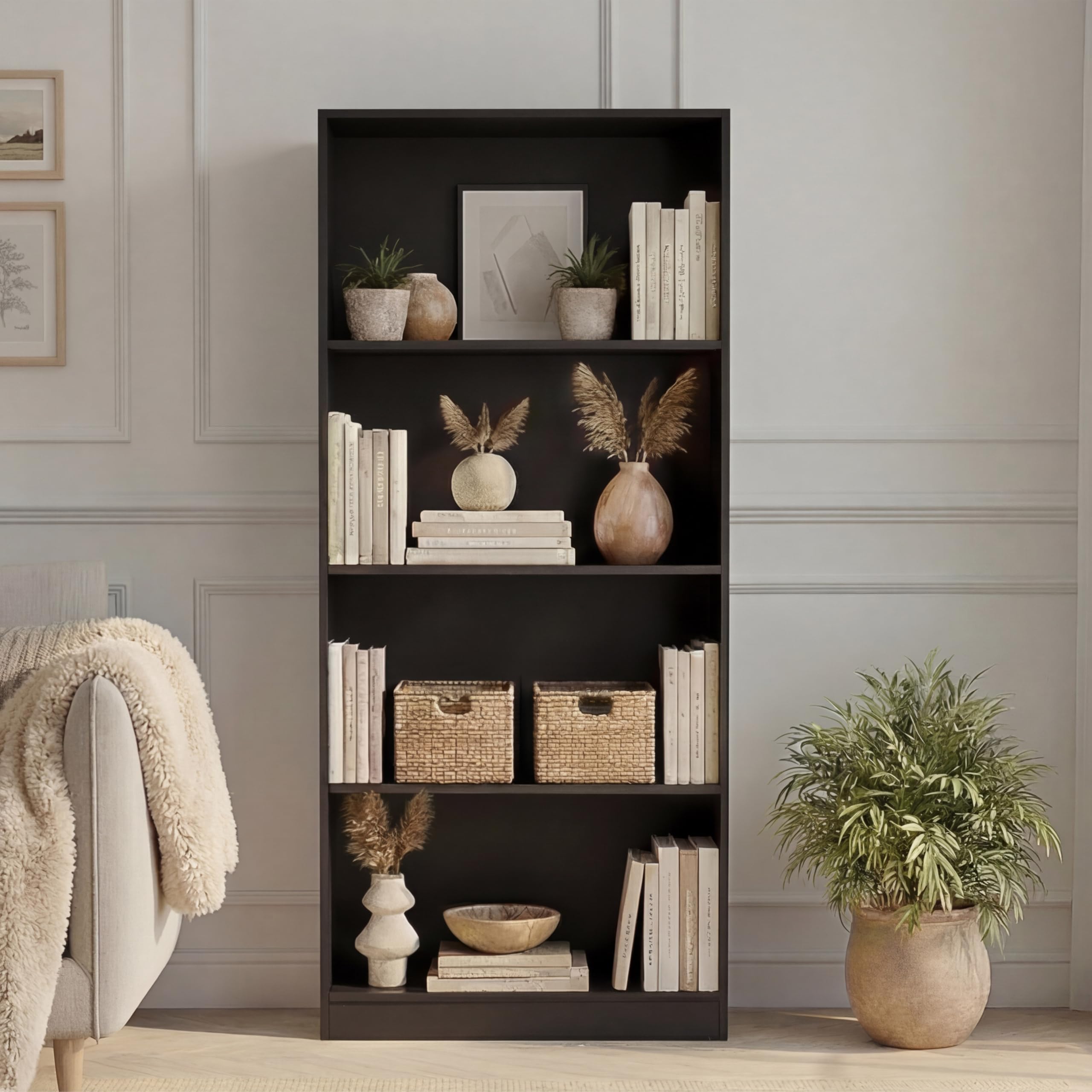 Vida Designs Cambridge 4-poziomowy duży regał na książki, czarny drewniany regał ekspozycyjny regał do przechowywania meble biurowe do salonu