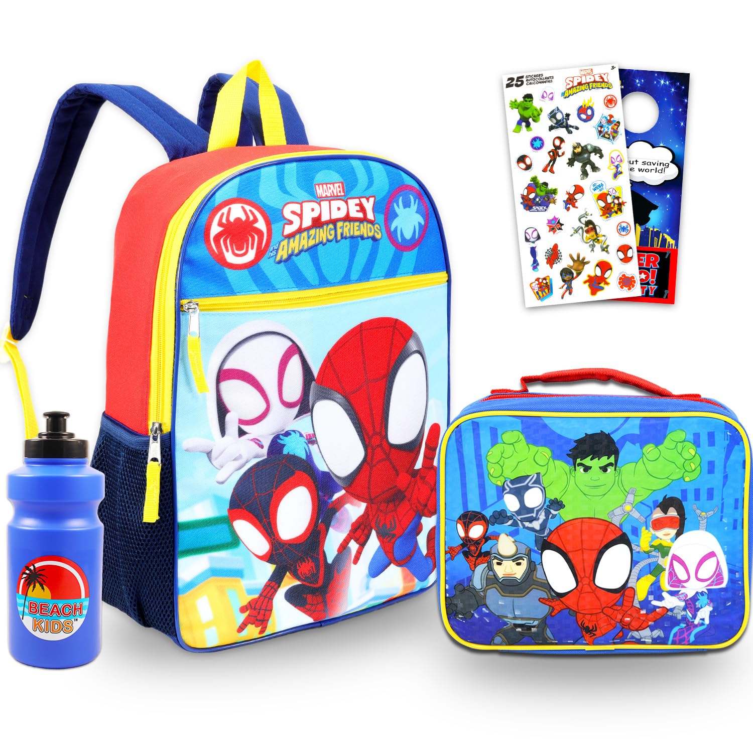 Spidey and His Amazing Friends Backpack Set - 5 Pc Spiderman School Supplies Bundle with 16” Backpack for Kids, Spidey Lunch Bag, Water Bottle, Stickers, and More | Spiderman Bag Pack