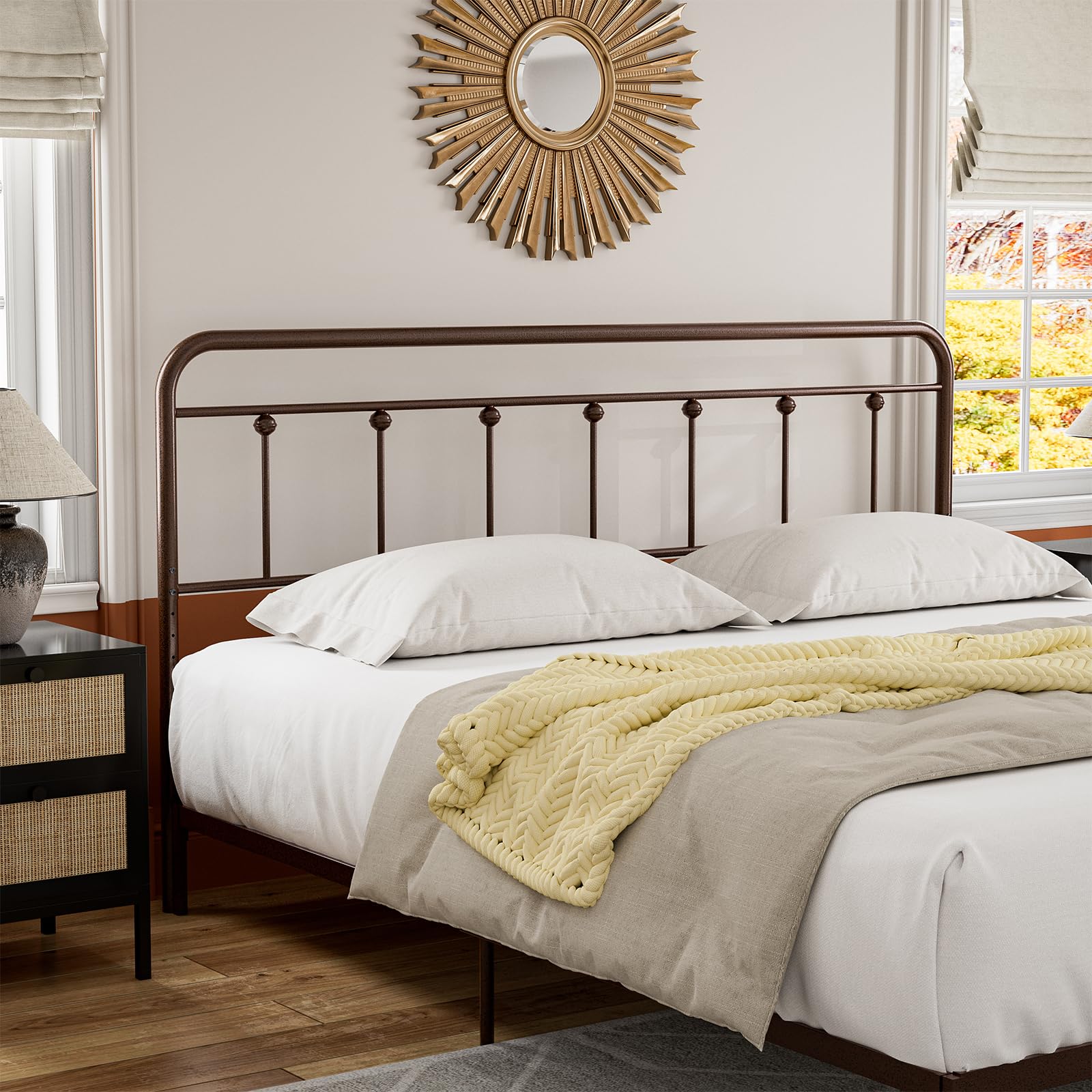 AOVSA Metal King Size Headboard, Adjustable Height, Sturdy Curved Steel King Headboard Only, Victorian Farmhouse Design, Easy Assembly, Brown