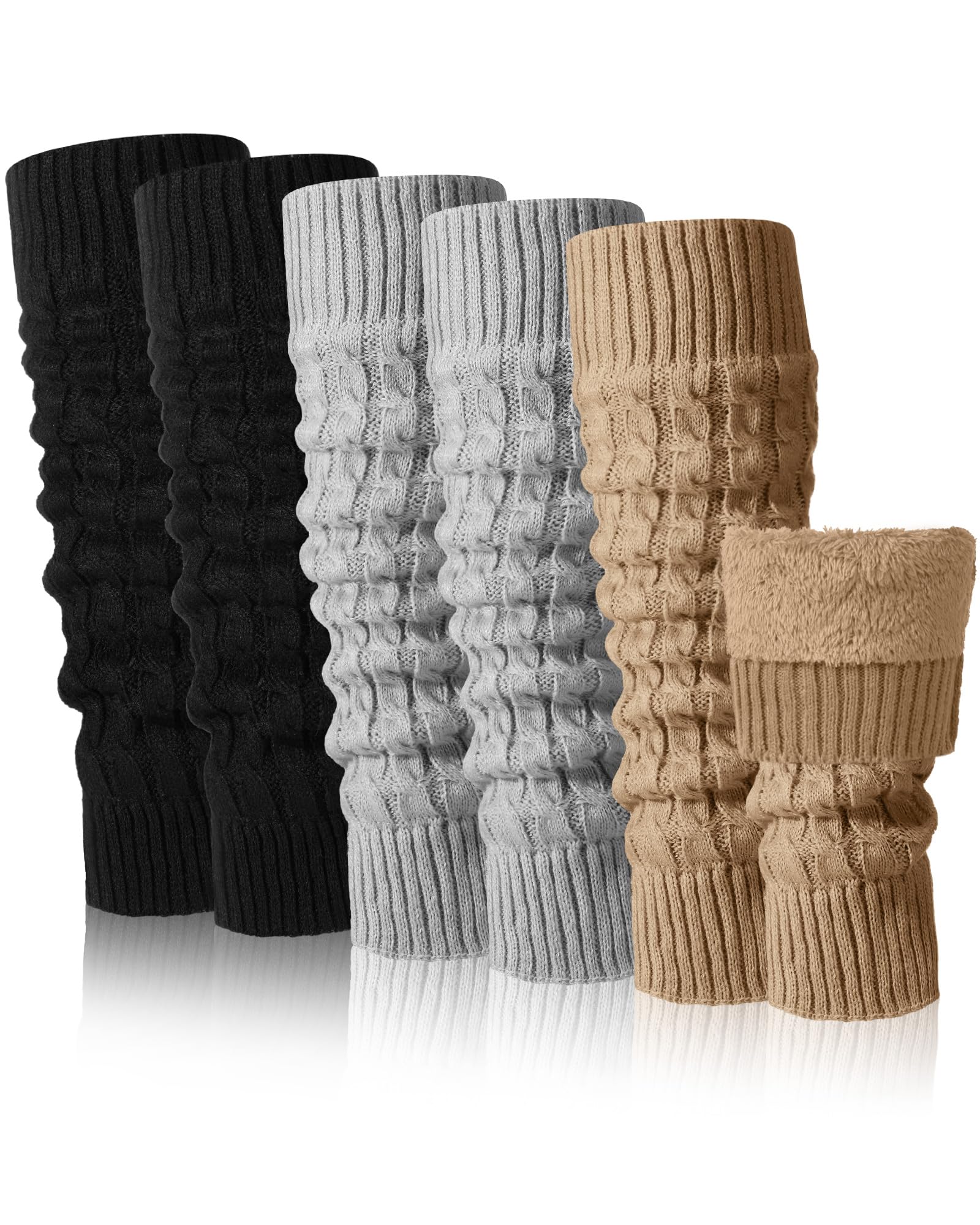 Chuarry 3 Pairs Winter Fleece Lined Leg Warmer for Women Skating Leg Warmer Long Boot Socks for Women Skating Every Day Wear, Black, Gray, Yellow, One Size