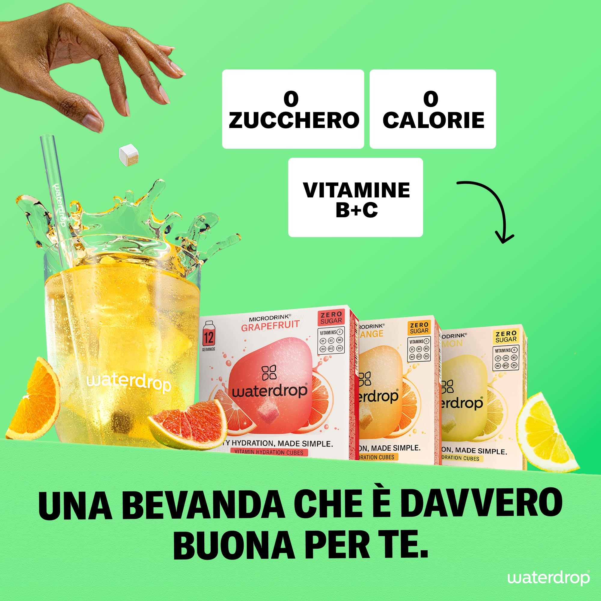 waterdrop® Set Microdrink, ARANCIA, LIMONE e POMPELMO, 36 cubetti effervescenti senza zucchero per aromatizzare l'acqua, Estratti di frutta e piante, Acqua Aromatizzata senza infusione a freddo