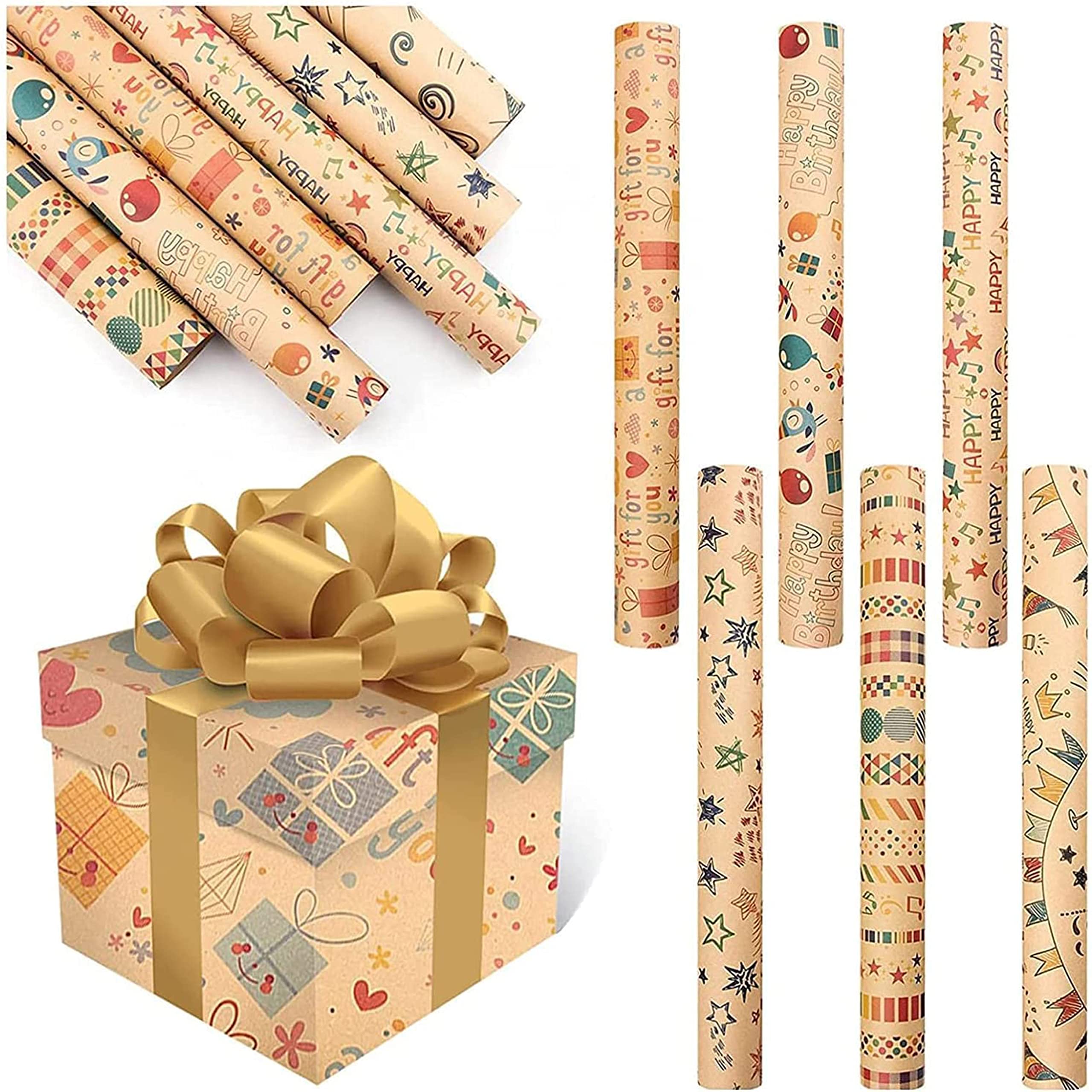 ALMEKAQUZ Gift Wrapping Paper Set,6 Rolls of Versatile Patterned,Each Roll is 70X50cm with Double-sided Tape, Kraft Paper Rope and Stickersfor Every Occasion,Birthdays, Holidays, Weddings