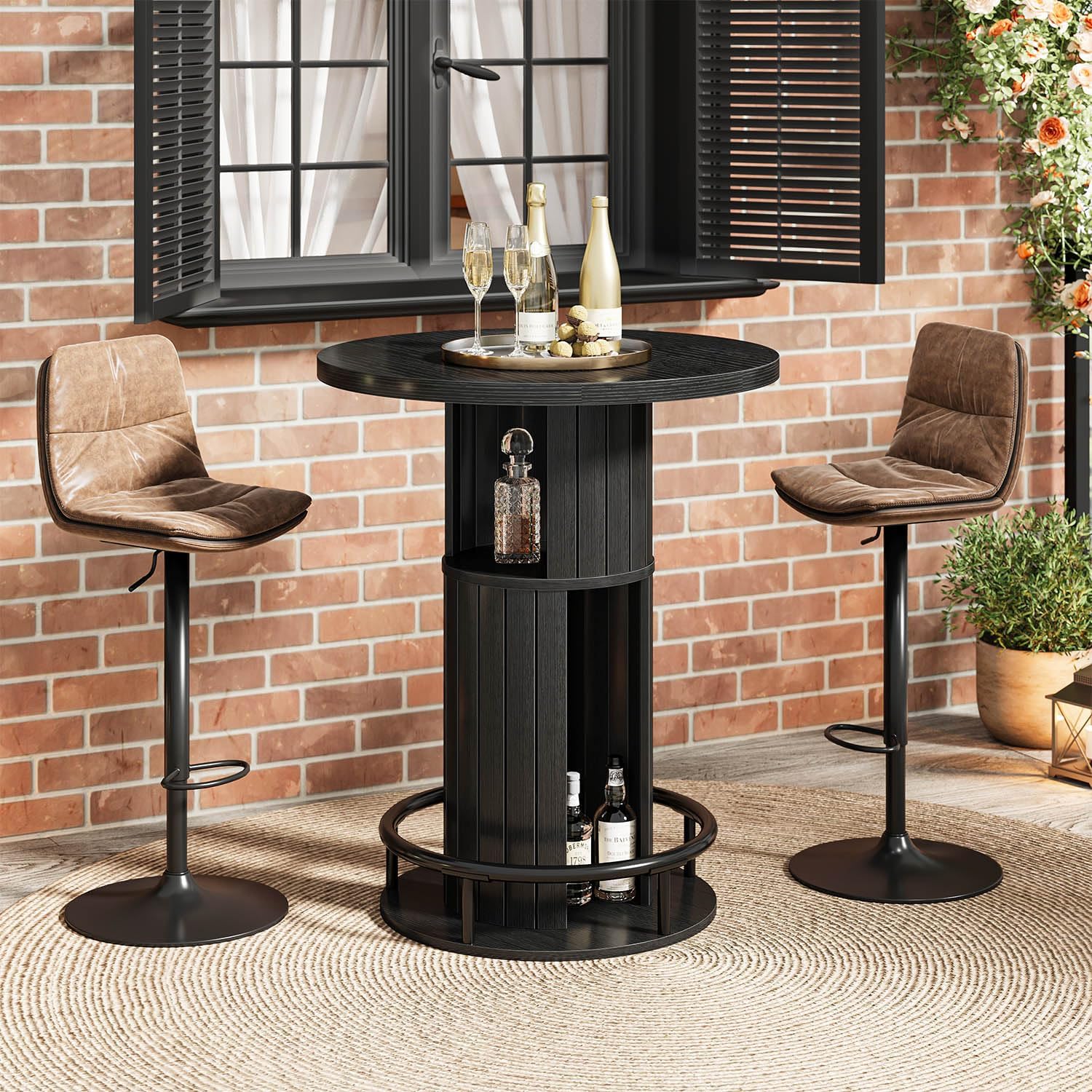 HSH Round Bar Table, 39.4" H Wood Pub Table with Storage & Metal Footrest, Modern Industrial Bar Height Bistro Cocktail Table for Coffee Bar, Kitchen Dining Room, Small Space, Black Oak (Table Only)