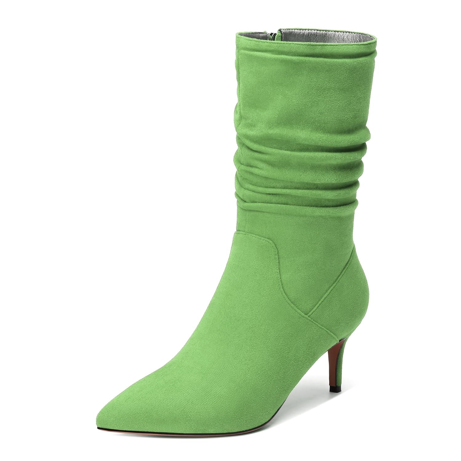 Womens High Heel Mid Calf Slouchy Boots Pointed Toe Zip Fashion Boot Green Suede Size 10