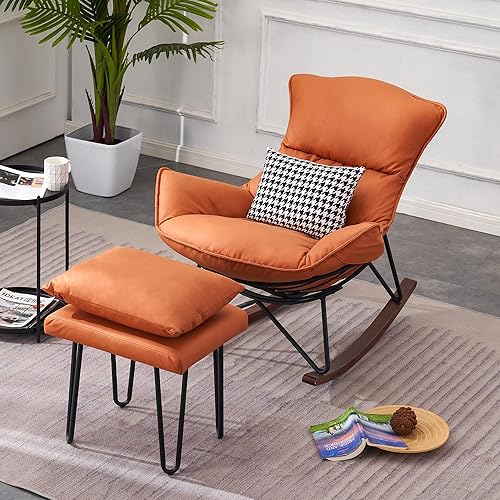 MCombo Silla mecedora moderna, silla mecedora tapizada para habitación del bebé con otomana, cómodas sillas de lectura para sala de estar,