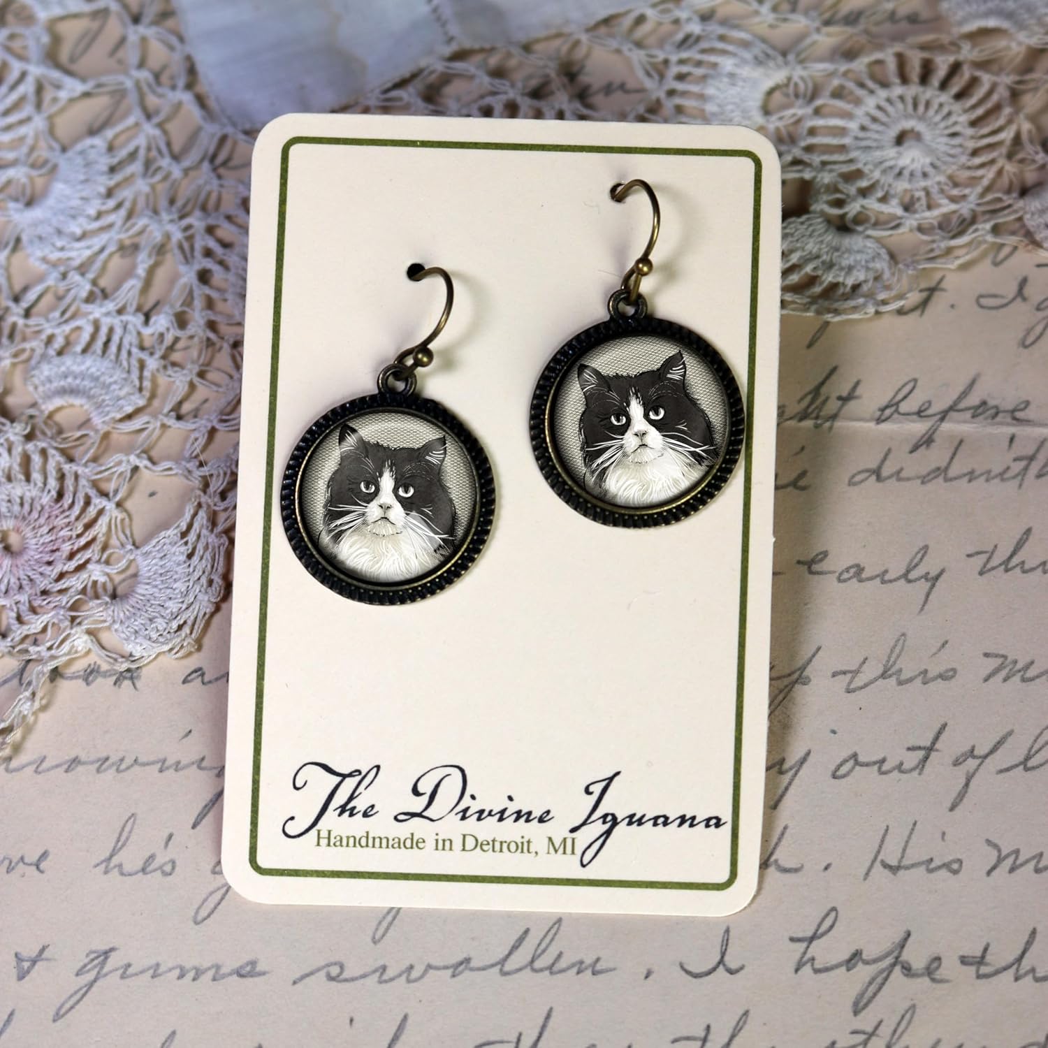 Fat Black And White Cat Earrings