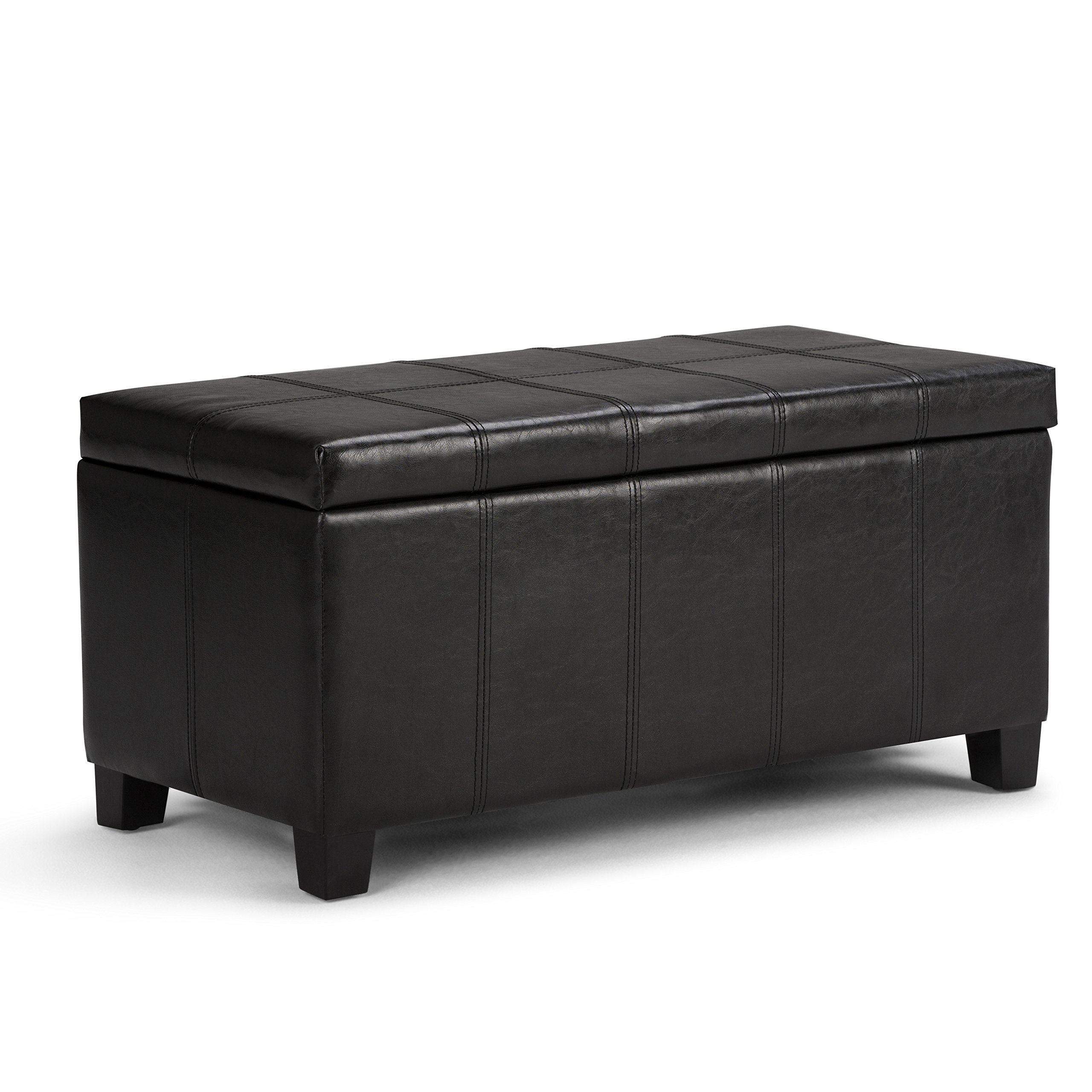 SIMPLIHOME Dover Storage Ottoman Bench - 36 inch Wide Upholstered Vegan Leather Rectangular Lift-Top Ottoman in Midnight Black, Contemporary Bench for Living Room with Safety Hinges