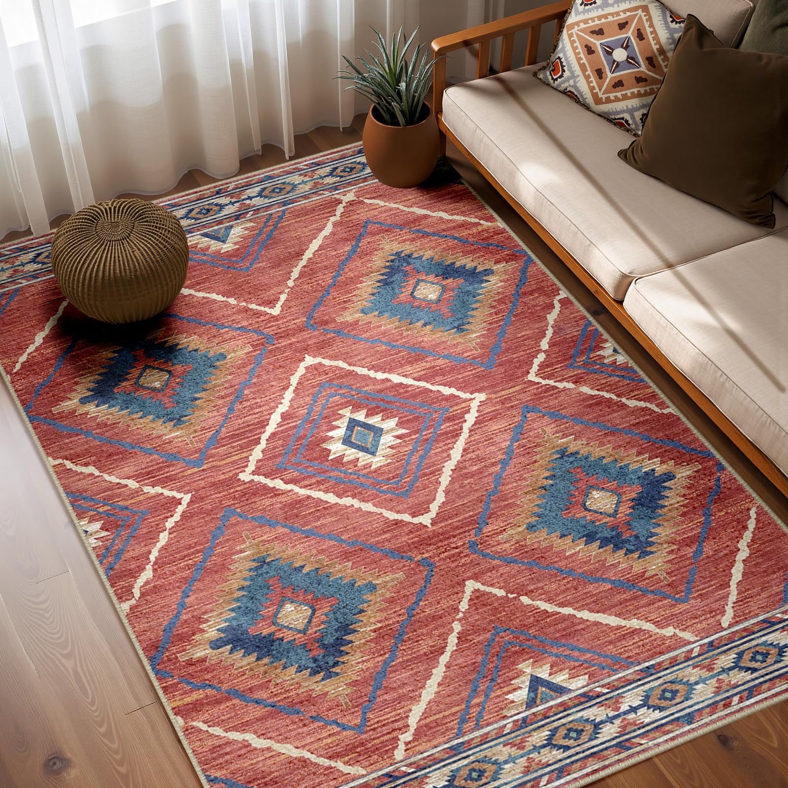 Area Rug 5x7 Rug Machine Washable Non-Slip Low Pile Print Pattern Western Rug for Living Room Bedroom Entryway Tribal Series -Red/Orange