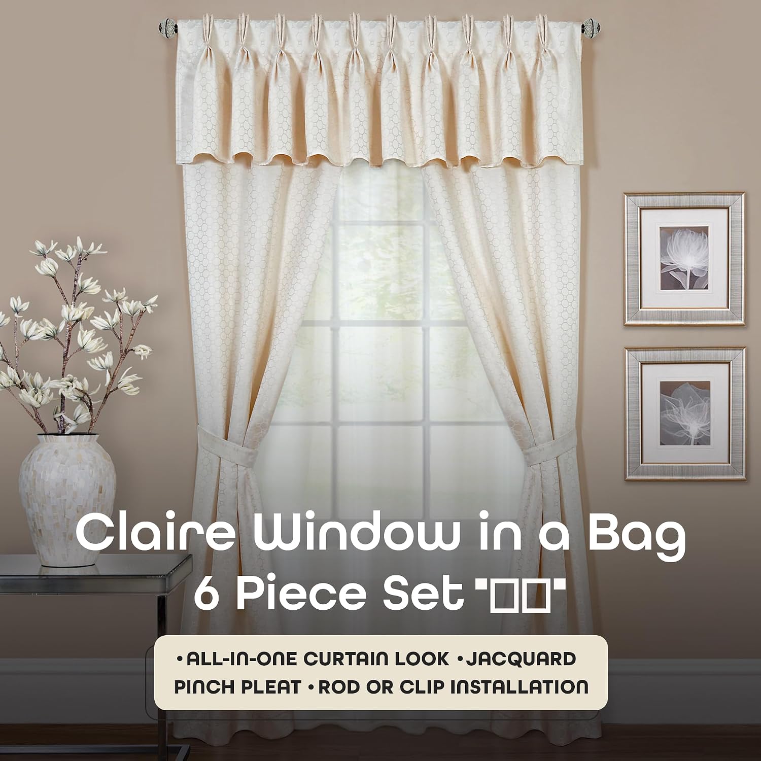 ACHIM Claire Light Filtering Window Shades, Window in a Bag – Attached 6-Piece Set - 55 Inch W, 84 Inch L (Ivory) - Polyester Curtain Drape for Kitchen, Living, Dining Room Home Décor
