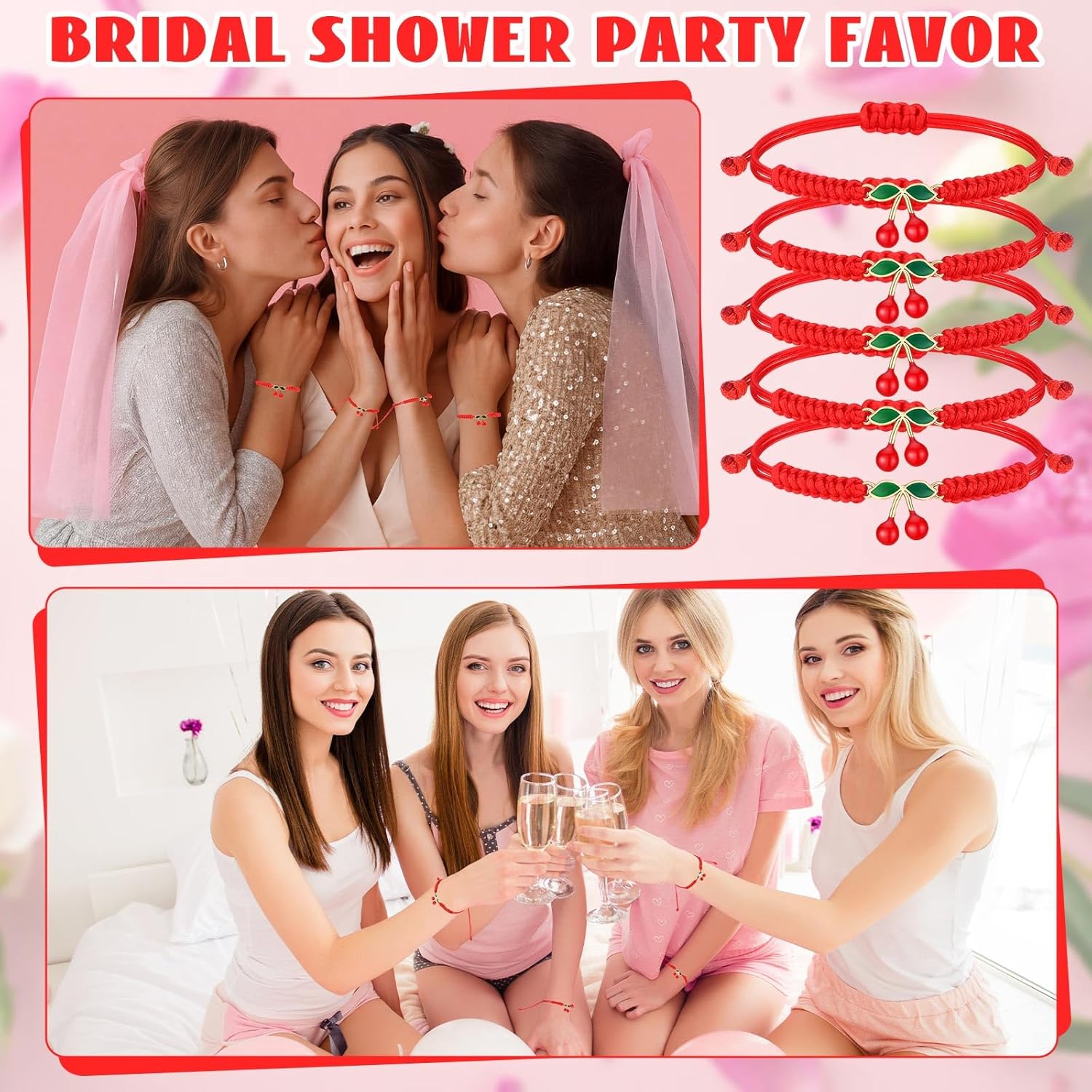 Quelay 24 Pcs Galentine's Day Cherry String Bracelets Gift Adjustable Red String Bracelet for Protection Handmade Braid Bracelet Bulk for Birthday Party Favor Cheer Dance Team Women Friendship Gift - Image 3