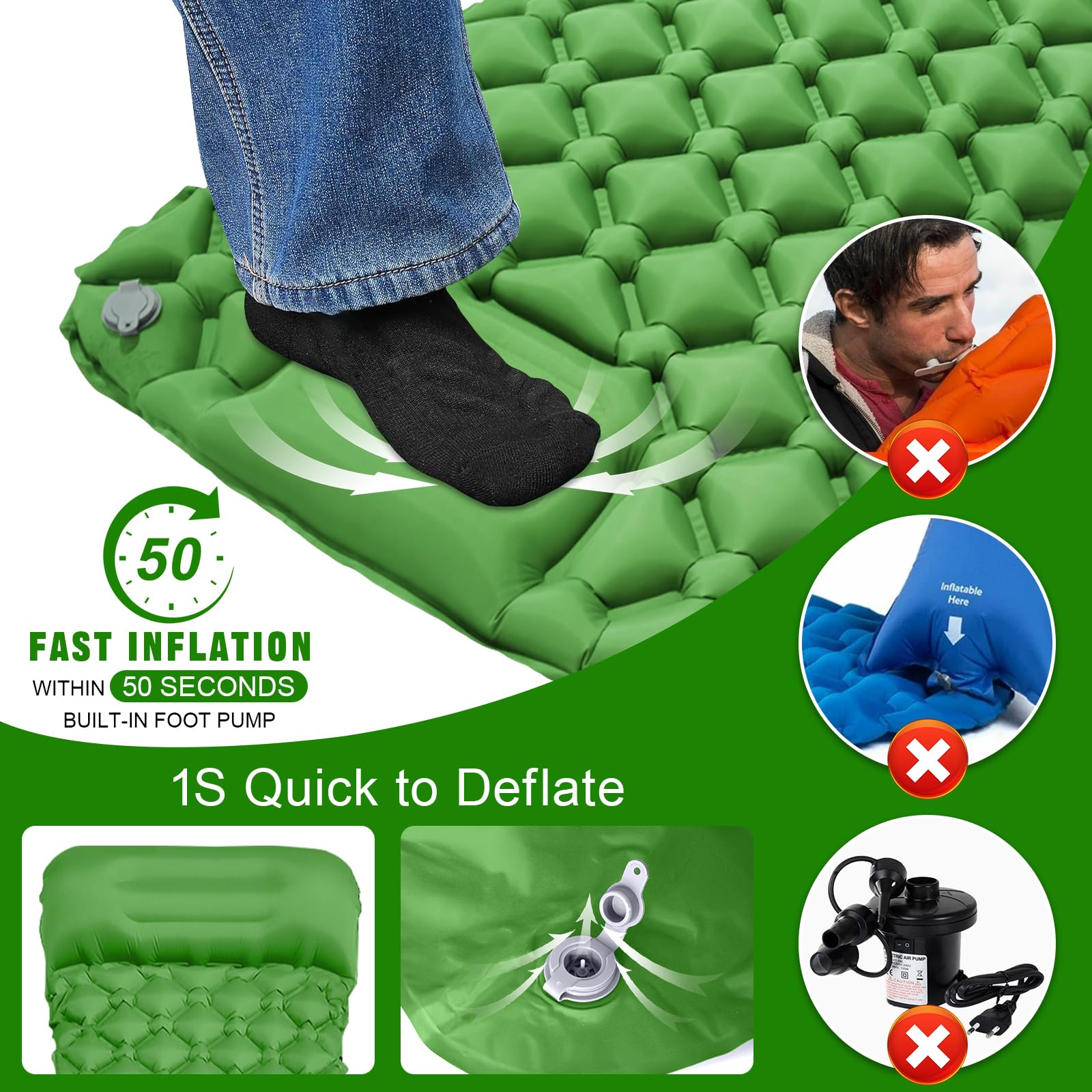 Materassini Autogonfianti da Campeggio, Materassino Gonfiabile Impermeabile con Pompa a Pedale e Cuscino, Ultra Leggero e Portatile, Adatto per Campeggio, Lescursionismo, Viaggi e Outdoor