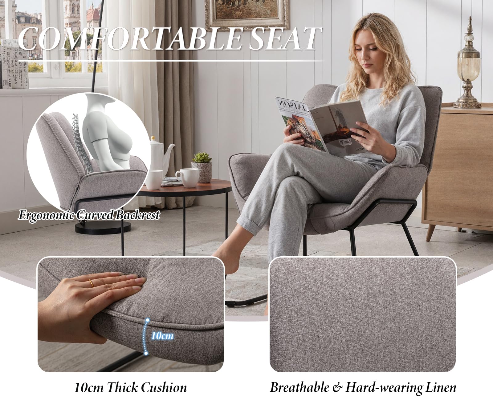 chairus Sillón de Salón Moderno de Lino Butaca Ocio de Dormitorio con Reposabrazos, Sillón Tapizado Lectura con Patas Negras para Hogar/Sala de Estar, Gris