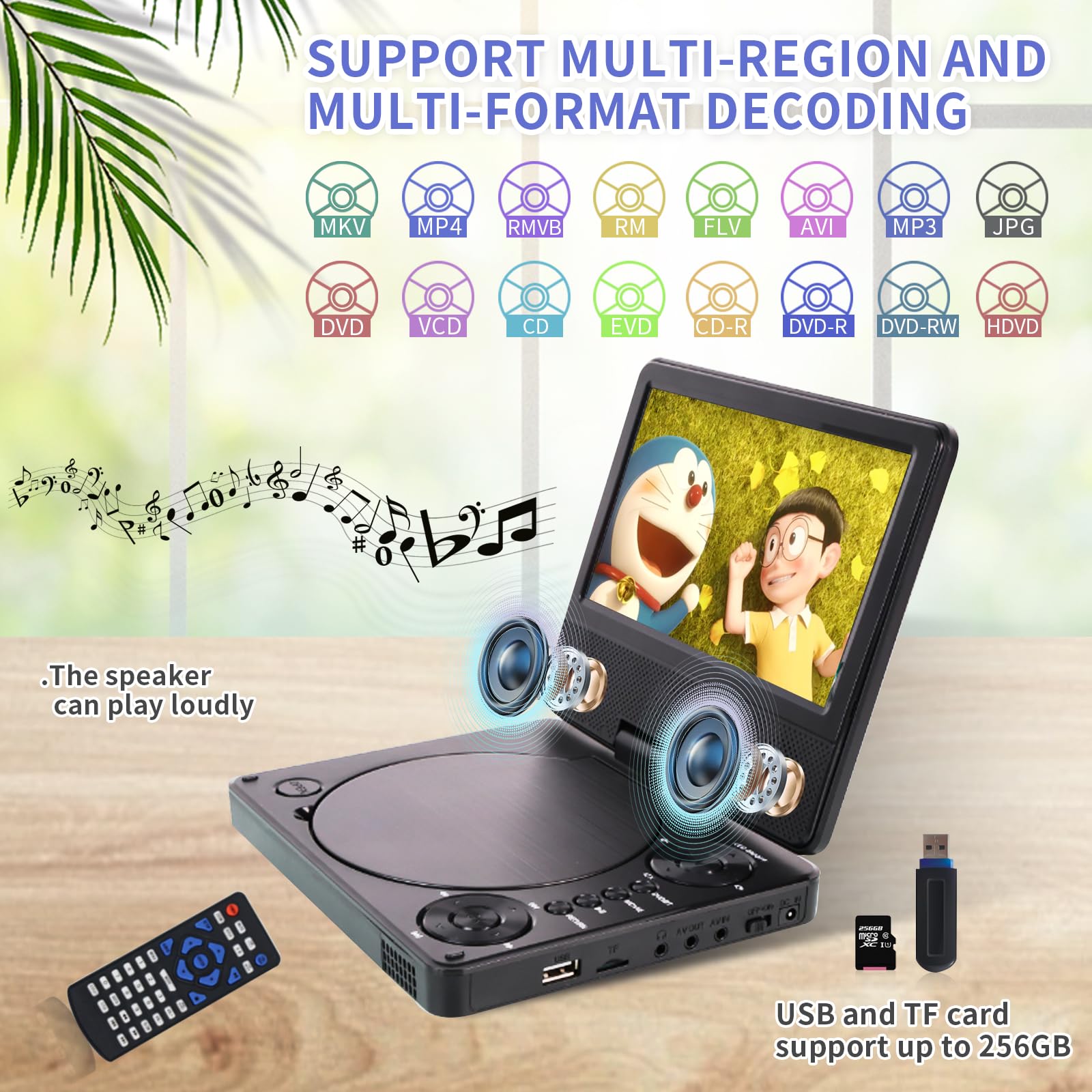 9,5" Bluetooth Tragbarer DVD Player YOOHOO mit 7,5" HD Bildschirm für Kinder,für unterwegs,Auto Fernseher für kopfstütze, alle Regionen kostenlos, Wiedergabe Aller Formate MKV/MP4/WAV/AVI/MP3/CD/1080P