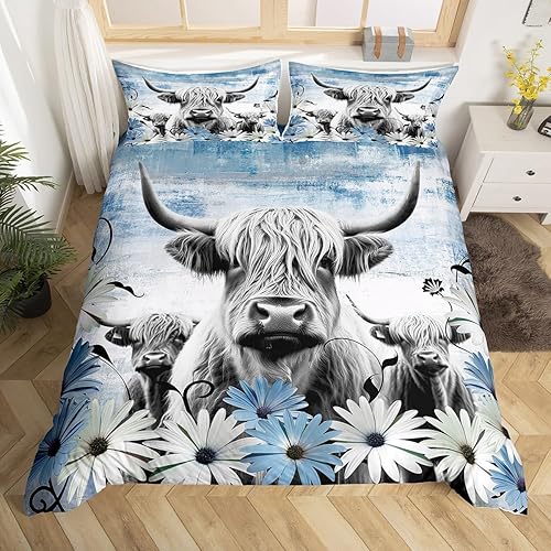 Erosebridal Funda de edredón con estampado de vaca de las montañas, juego de ropa de cama azul occidental para decoración del hogar, funda de Erosebridal Funda de edredón con estampado de vaca de las montañas, juego de ropa de cama azul occidental para decoración del hogar, funda de