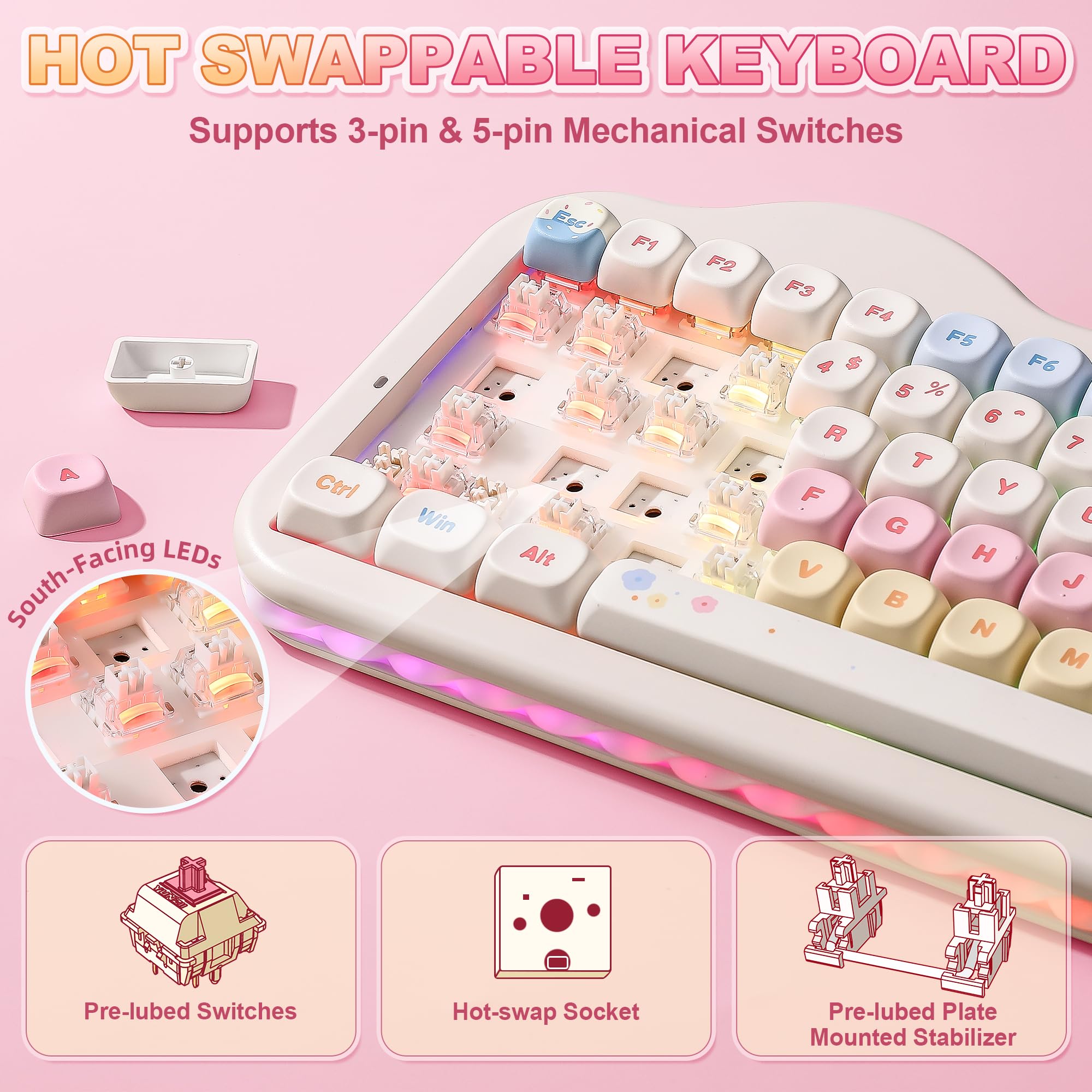 YUNZII C75 75% RGB Kabelloses Mechanisch Gaming Tastatur, BT5.0/2.4G/USB-C Hot Swap NKRO Gasket Mount Beige Milk V2 Switch