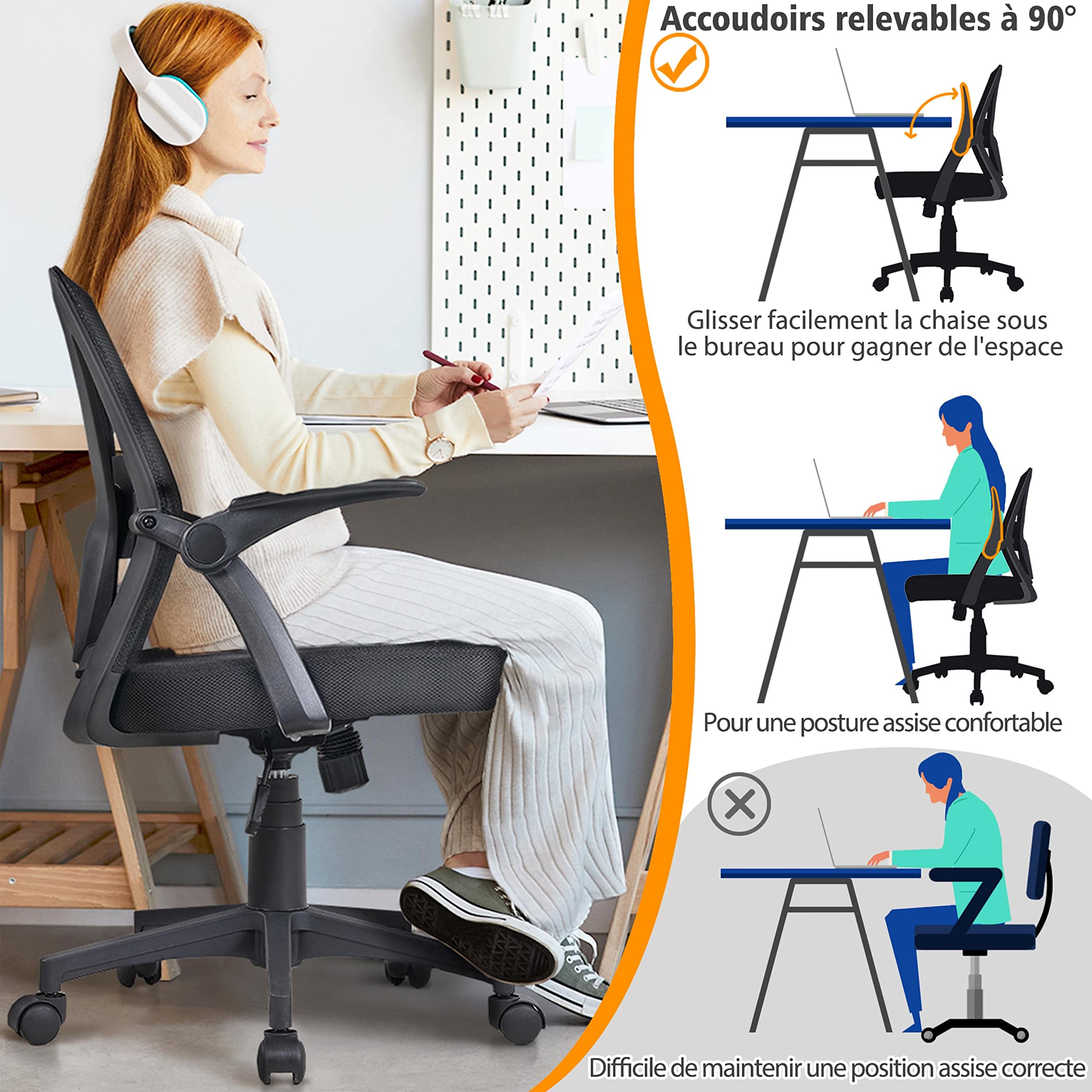 Abician Fauteuil de Bureau Fauteuil d’Ordinateur en Maille avec Accoudoirs Relevables Support Lombaire Ajustable Assise Rembourrée Réglable en Hauteur Noir