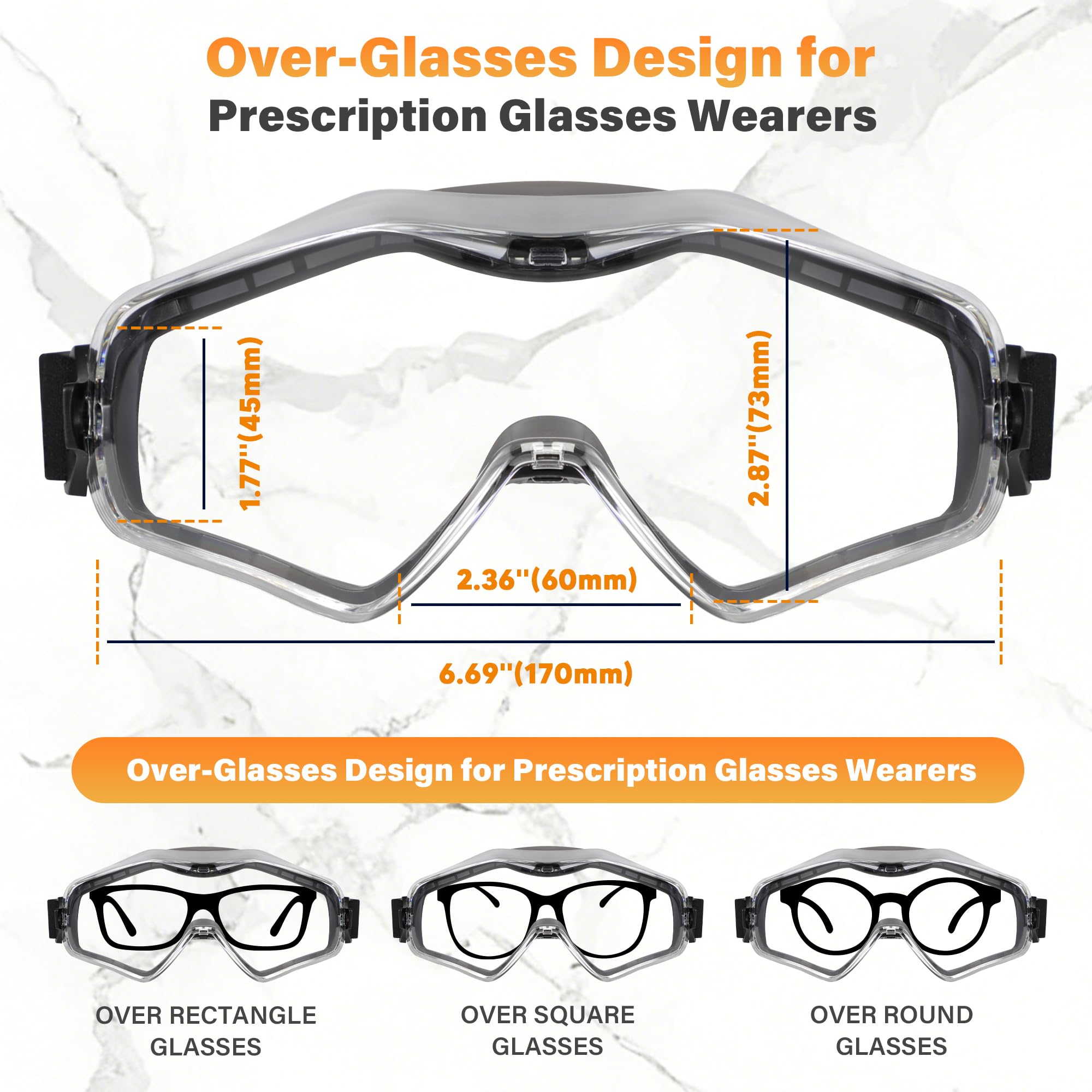 Gafas de seguridad sobre gafas, antivaho, ANSI Z87.1, resistencia a arañazos e impactos, protección UV, lente panorámica, correa ajustable