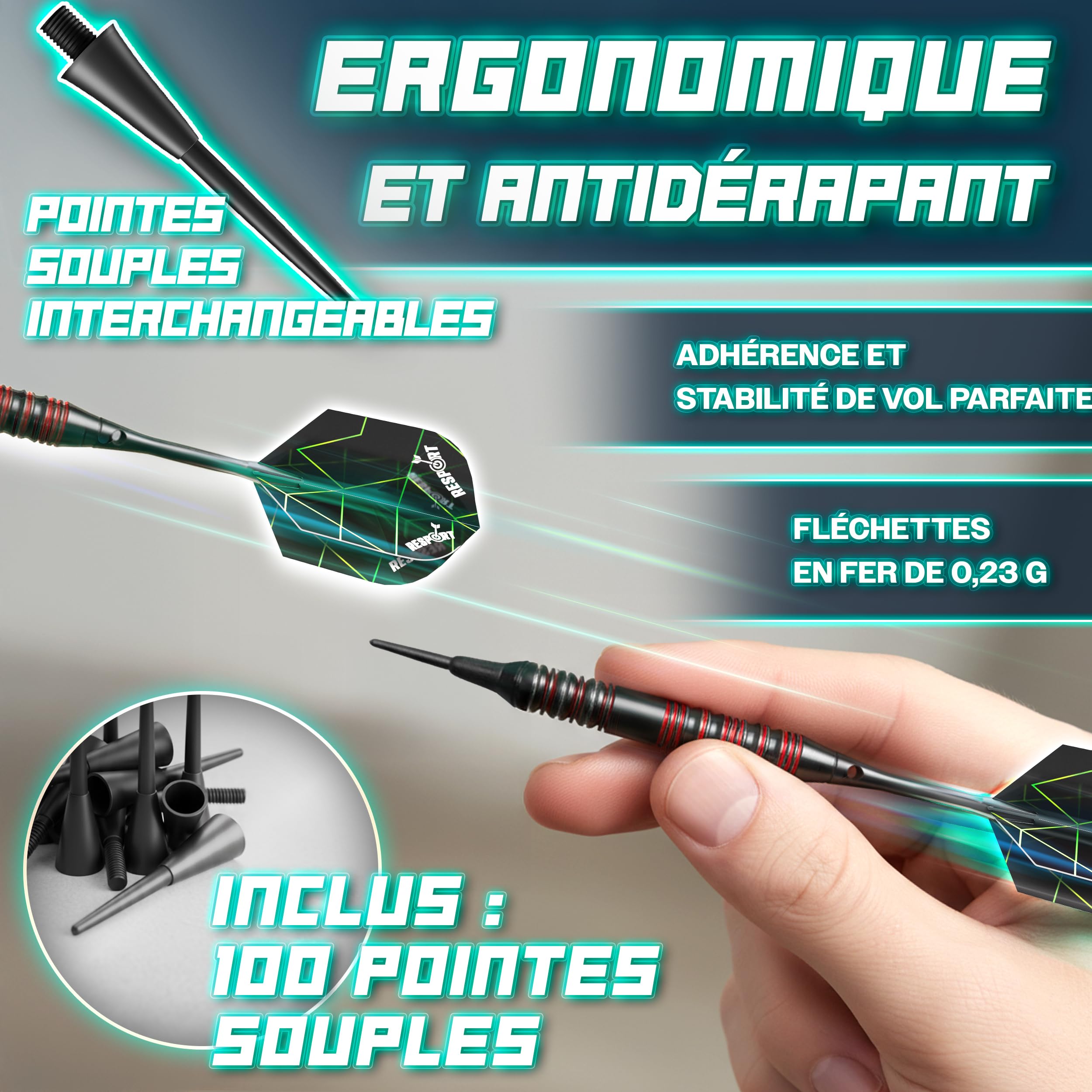 RE:SPORT® Cible de fléchettes électronique professionnelle avec 12 flèches + 24 ailettes Pro + 100 pointes de fléchettes et accessoires | Machine à fléchettes E pour 1 à 8 joueurs avec 427 variantes |