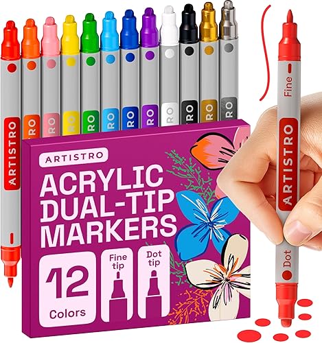 ARTISTRO 12 marcadores de pintura acrílica para rocas, tela, madera, vidrio, manualidades, decoración, bolígrafos de pintura de doble punta,