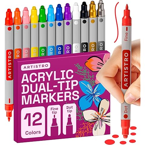 ARTISTRO 12 Acrylic Paint Markers for Rock, Fabric, Wood, Glass, Craft, Decoration - Dual-Tip Paint Pens - Stocking Stuffers, Christmas Gift Idea for Teens, Grandkids, Kids - Art Supplies