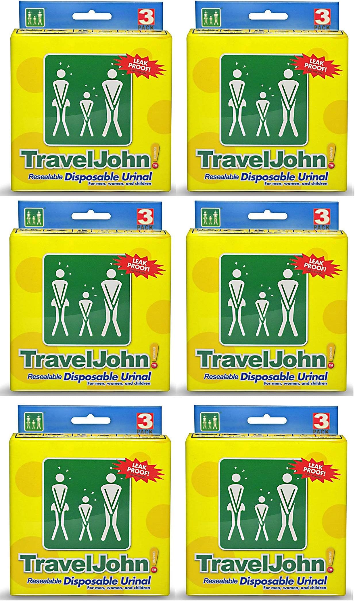 TravelJohn Disposable Urinal Bag - 6 x 3 pack (18 urinals)