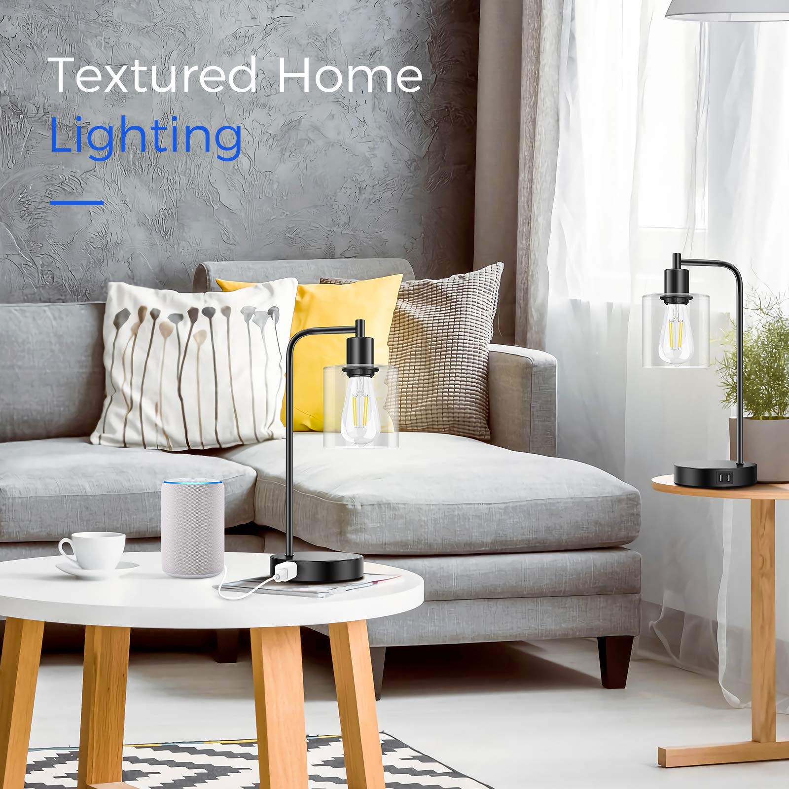 Set of 2 Industrial Touch Control Table Lamps with 2 USB Ports and AC Outlet, 3-Way Dimmable Bedside Nightstand Reading Lamps with Glass Shade for Bedroom Office, Daylight White LED Bulbs Included