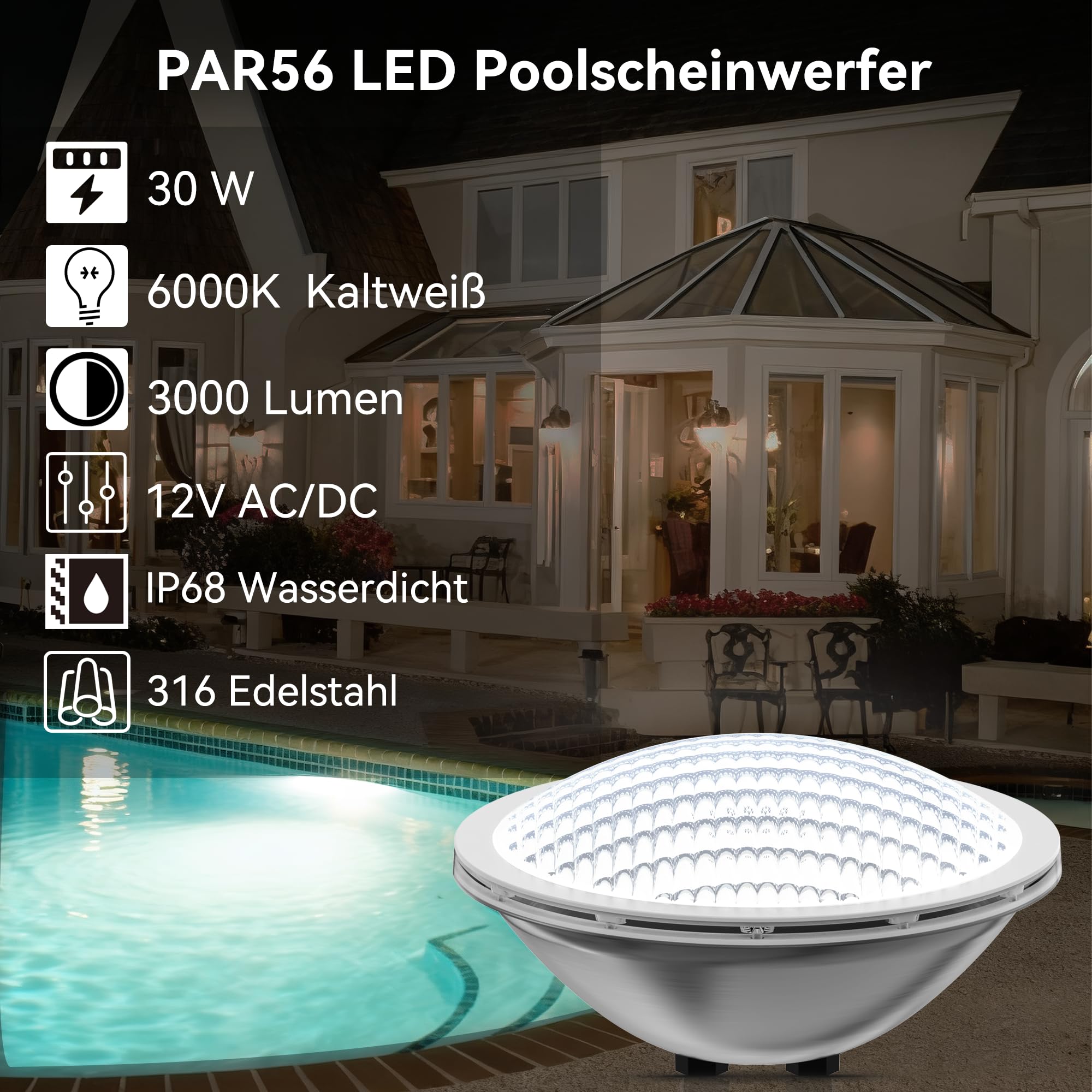 LyLmLe LED Poolbeleuchtung PAR56, 30W Schwimmbad LED 316L Edelstahl, IP68 Wasserdicht Unterwasserscheinwerfer (Ersetzt 300W PAR56 Halogenlampen) 3000lm, 120° Abstrahlwinkel,12V AC/DC,6000K Weiß