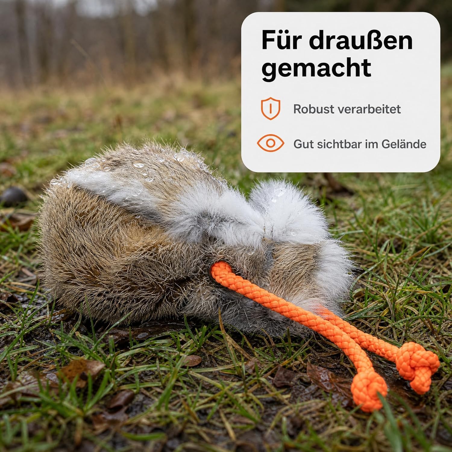 Romneys Dummy Hundetraining, Dummyball aus echtem Kaninchenfell mit neonoranger Wurfschnur, Apportierdummy Wurfball für Hunde mit Seil, Ø 8 cm, 150 g, robuste Metallöse, Outdoor