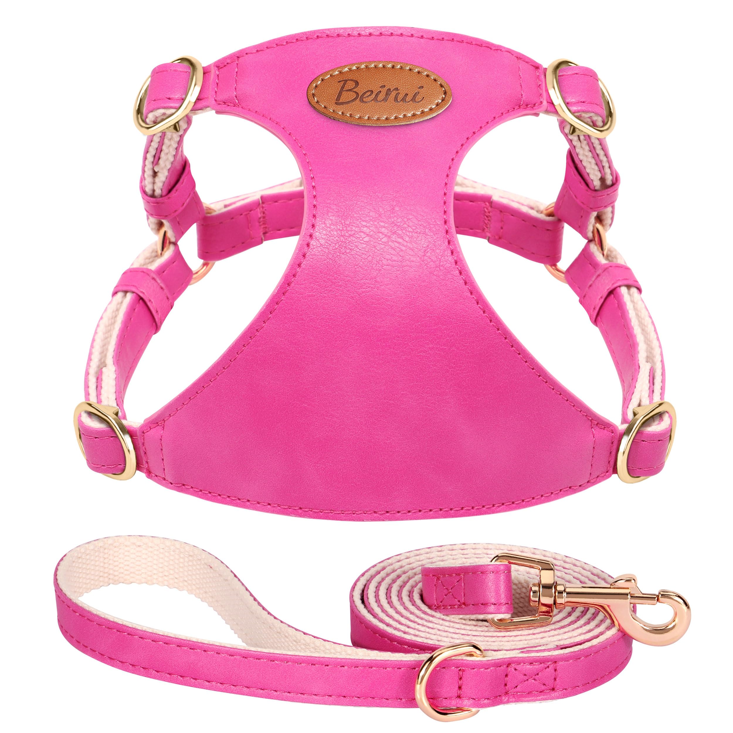 Beirui ‌Stylish PU Leather Dog Harness‌ and Leash Set for Small Dogs, ‌Adjustable Step in Puppy Harness with Breathable Mesh Lining and Durable Metal Buckle for Walking Traveling(Hot Pink,XS)