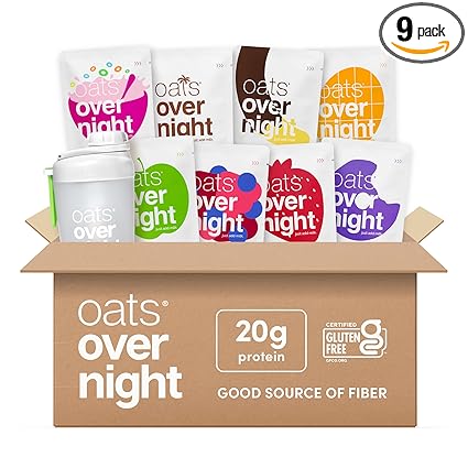 Oats Overnight Fruit Variety Pack - High Protein, High Fiber Breakfast Protein Shake - Gluten Free, Non GMO, Protein Oatmeal - Fruity Cereal, Chocolate Covered Banana & More (8 Pack + Shaker Bottle)