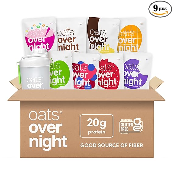 Oats Overnight Fruit Variety Pack - High Protein, High Fiber Breakfast Protein Shake - Gluten Free, Non GMO, Protein Oatmeal - Fruity Cereal, Chocolate Covered Banana & More (8 Pack + Shaker Bottle)