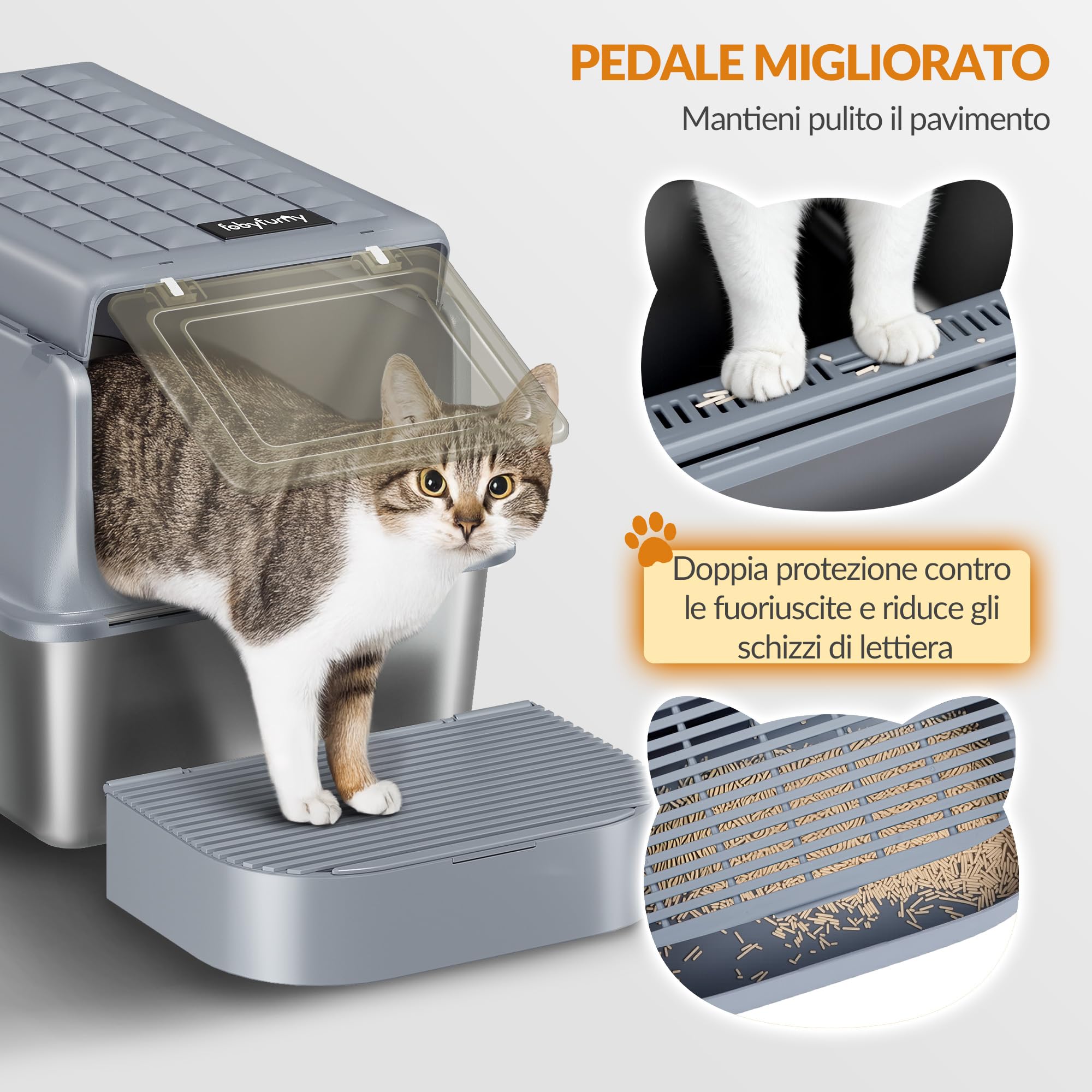 Lettiera Acciaio Inox Chiusa con Coperchio, Lettiera Gatto Acciaio Inox XXL, con Paletta e Pedana, Rimovibile, Coperchio Incernierato a 120°, Facile da Pulire, Grigio Scuro, FPLB001SG2