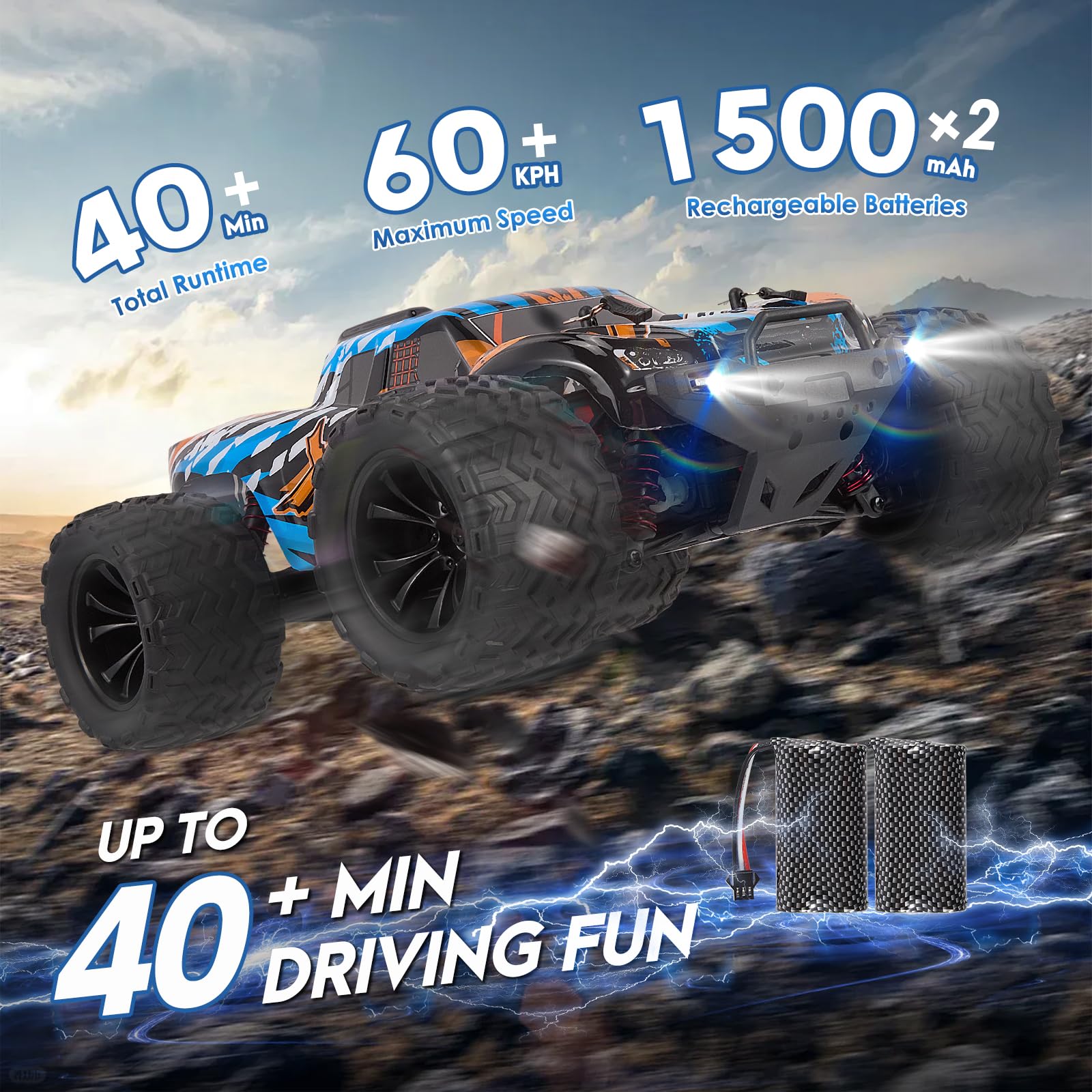 Ferngesteuertes Auto,9501E RC Auto 1:16, 4WD Offroad Truck, 60 km/h, 2×1500mAh Akku, wasserdicht, 2,4 GHz Fernsteuerung, für Kinder