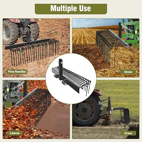 Miniatura 4 de GAOMON Rastrillo de paja de pino de 60 pulgadas, 26 dientes de resorte helicoidal, acero recubierto de polvo duradero, rastrillo detrás del paisaje,
