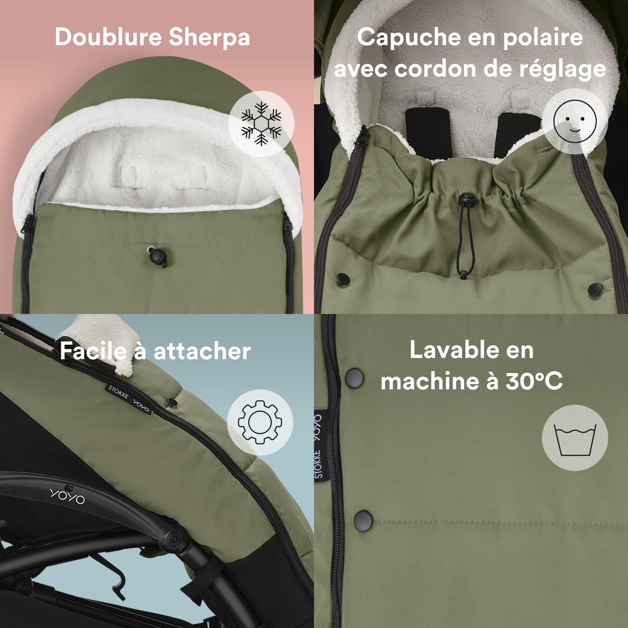 Stokke YOYO Chancelière, Olive - Doublure sherpa, capuche en polaire avec cordon de serrage, double rembourrage - Lavable machine à 30°C - Sac inclus