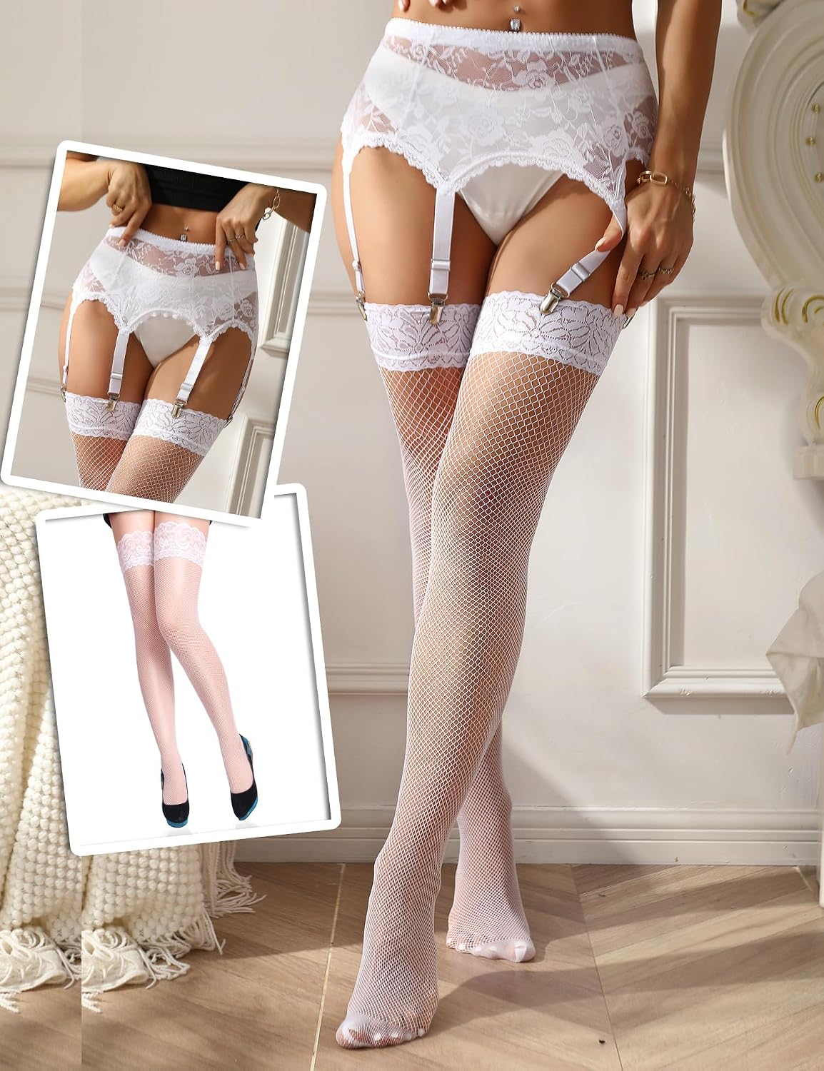 ohyeah 6-Strap Easy Clip Lace Garter Belt for Thigh Highs Stockings Suspender Garter Belts Plus Size Garters Lingerie XS-4XL