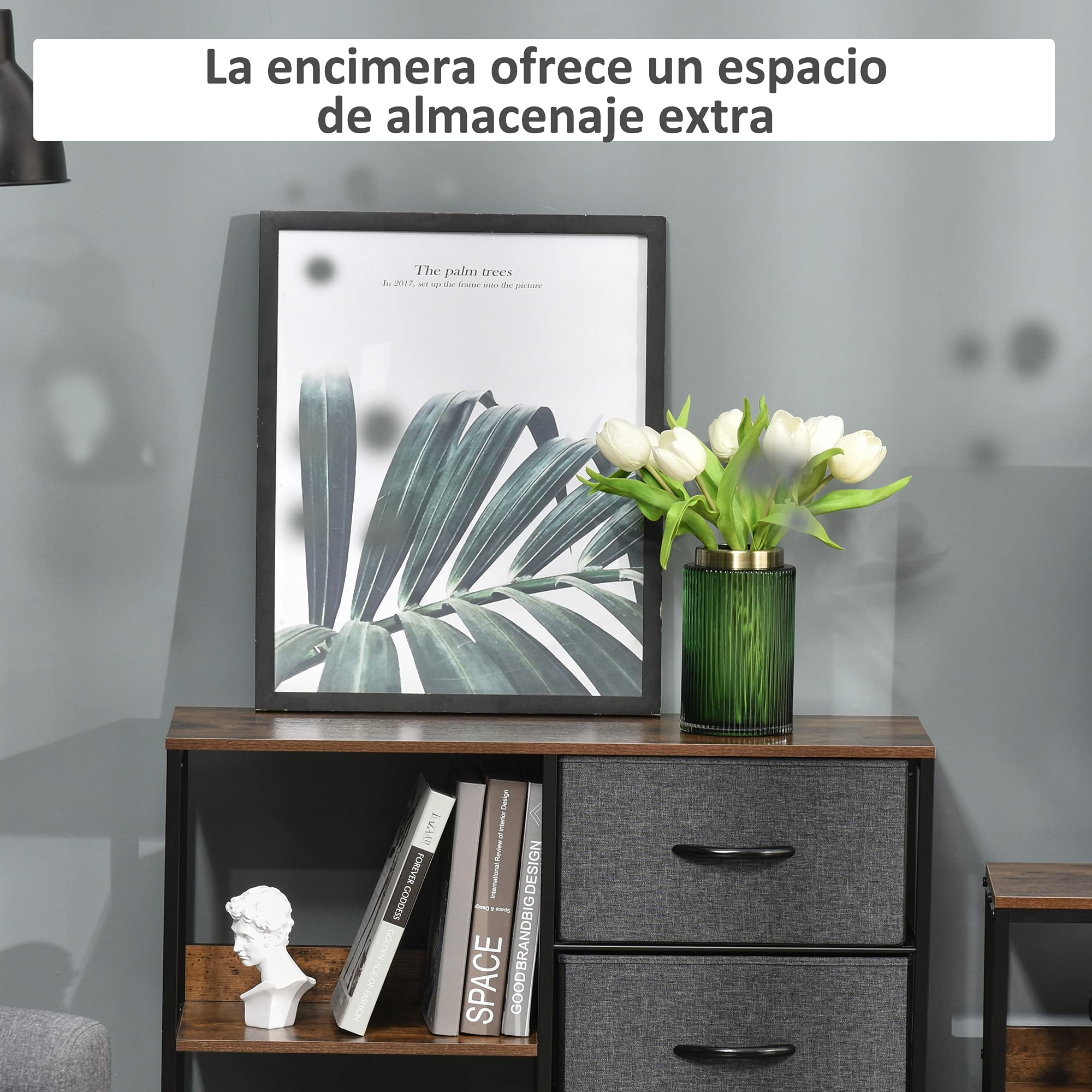 HOMCOM Cajonera de Tela Estrecha, Cómoda de Tela con 3 Cajones Plegables, 2 Estantes Abiertos y Amplia Encimera, Cómoda para Dormitorio, Salón y Pasillo, Marrón Rústico y Gris Oscuro