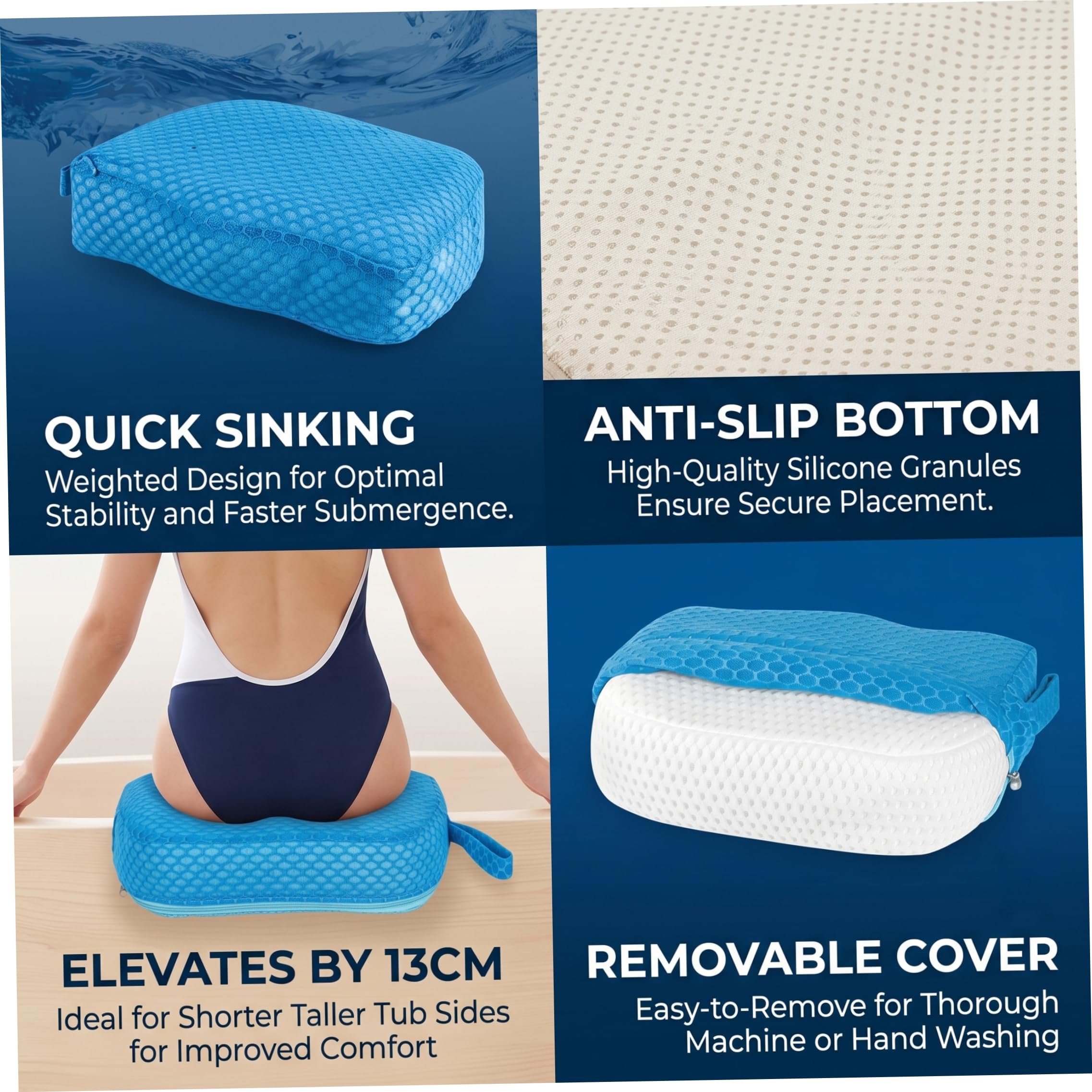 Whirlpool-Sitzerhöhung, Poolhocker für Unterwasser, schnelles Waschbecken, atmungsaktives Netzkissen, rutschfest, Abnehmbarer Bezug, Blau