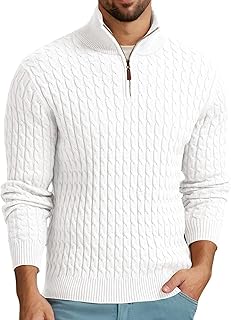 QIXING Men's Cable Knit Jumper Quarter Zip Mock Neck Cable Pattern Sweater Soft Casual Tops with Ribbed Edges