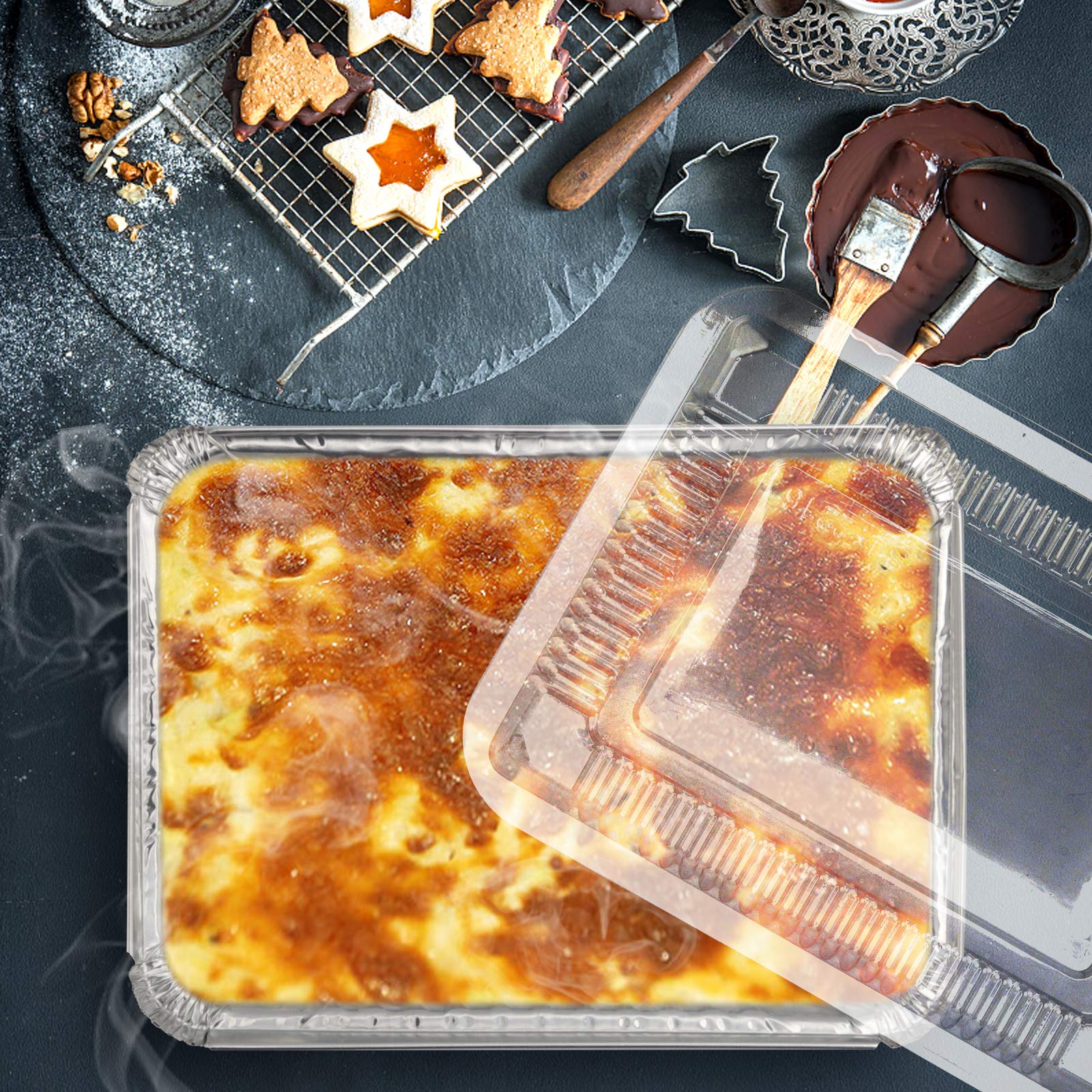 KEILEOHO - Juego de 125 sartenes desechables para comida con tapas transparentes, recipientes desechables para cocina, hornear, preparar alimentos, comida para llevar, calefacción, almacenamiento