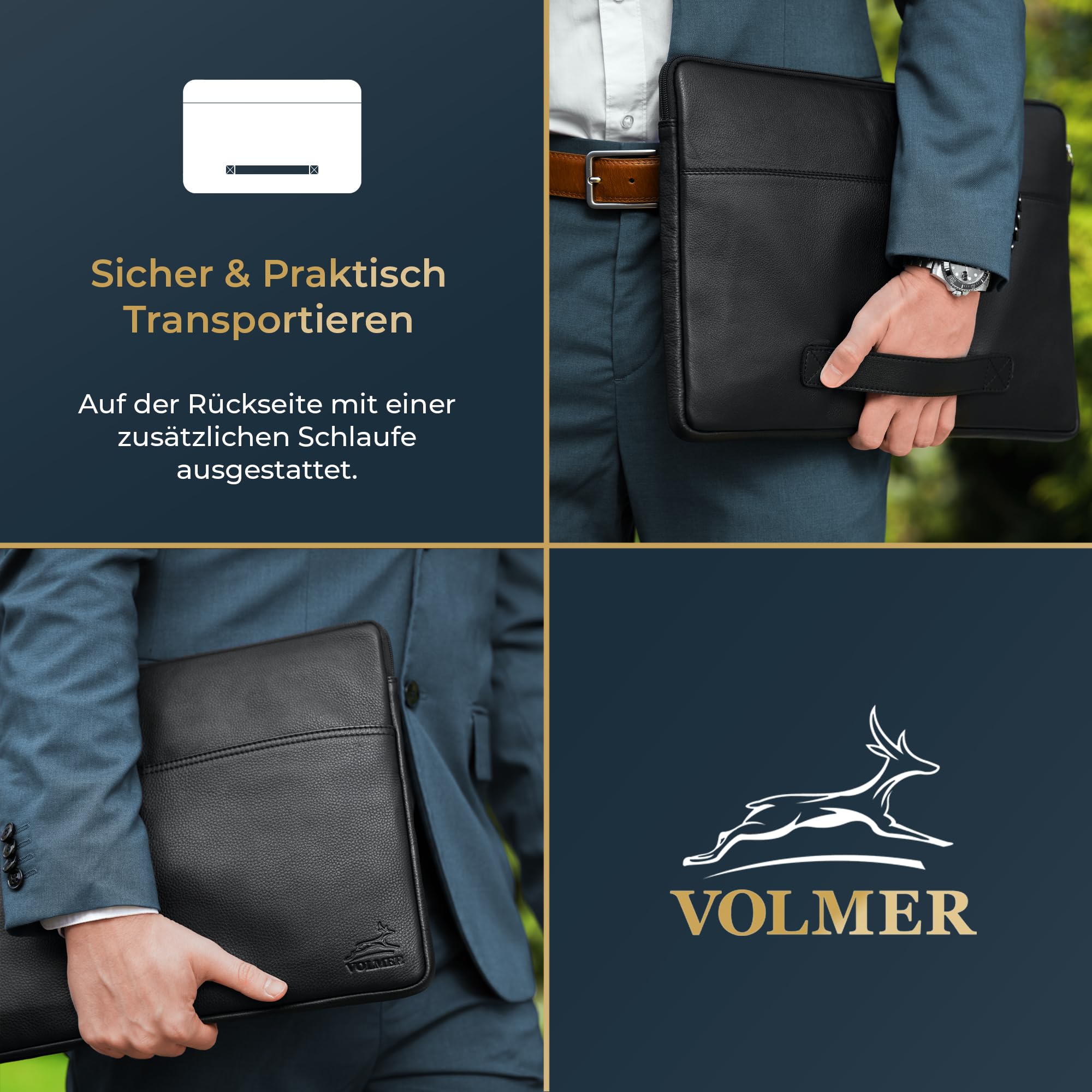 Fa.Volmer Funda para portátil de 15,6 pulgadas, piel de búfalo, color marrón, con cremallera de metal, acolchada, para MacBook, Microsoft Surface, iPad, Tablet - Dimensiones interiores: 37 x 26 x 3 cm