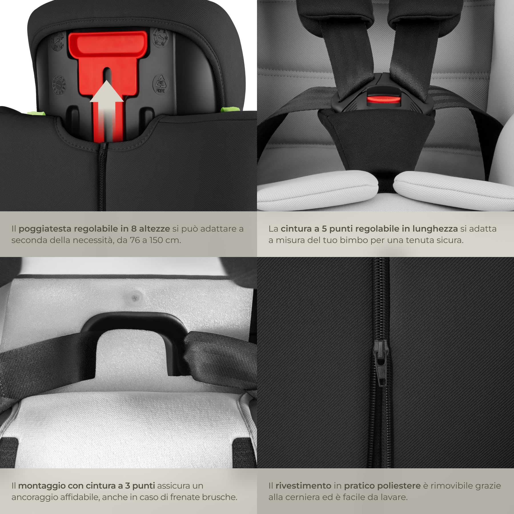 tectake® Seggiolino Auto i-Size con Protezione Impatti Laterali, Poggiatesta Regolabile, Seggiolone Auto Bambino da 15 Mesi a 12 Anni, Omologato ECE R129/03 - Grigio Chiaro/Nero