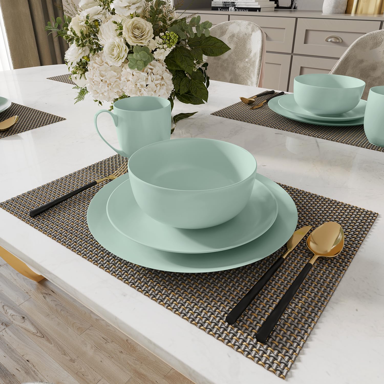 Yoshy 16-Piece Green Bone China Dinnerware with Lightweight Durable Chip Resistant Design Service for 4