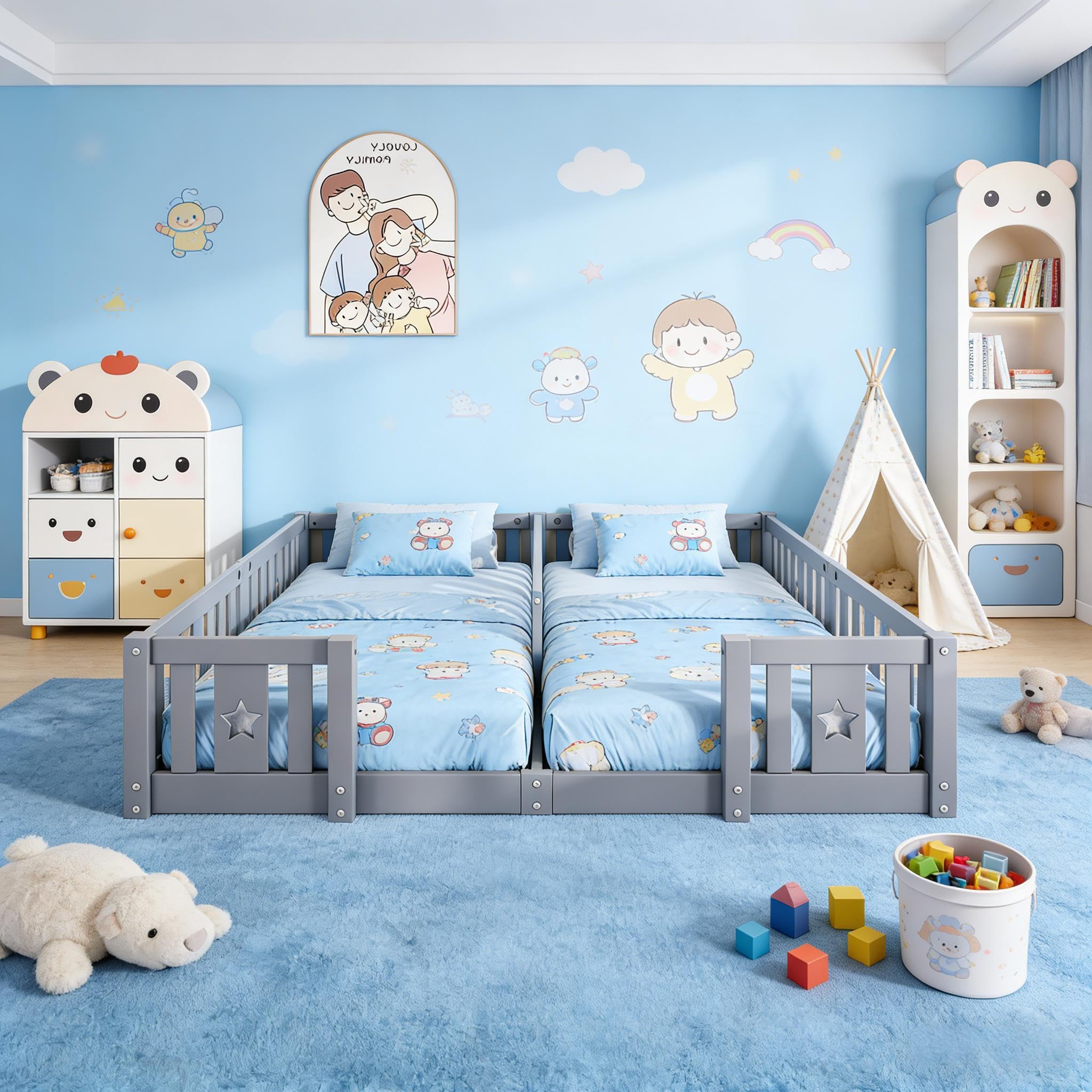 Lit de sol 180x200 cm pour 2 enfants, lit double avec lit de sécurité, lit de sol 90x200, lit Montessori pour enfants frères (Gris-B02, sans sommier à lattes, 180x200)