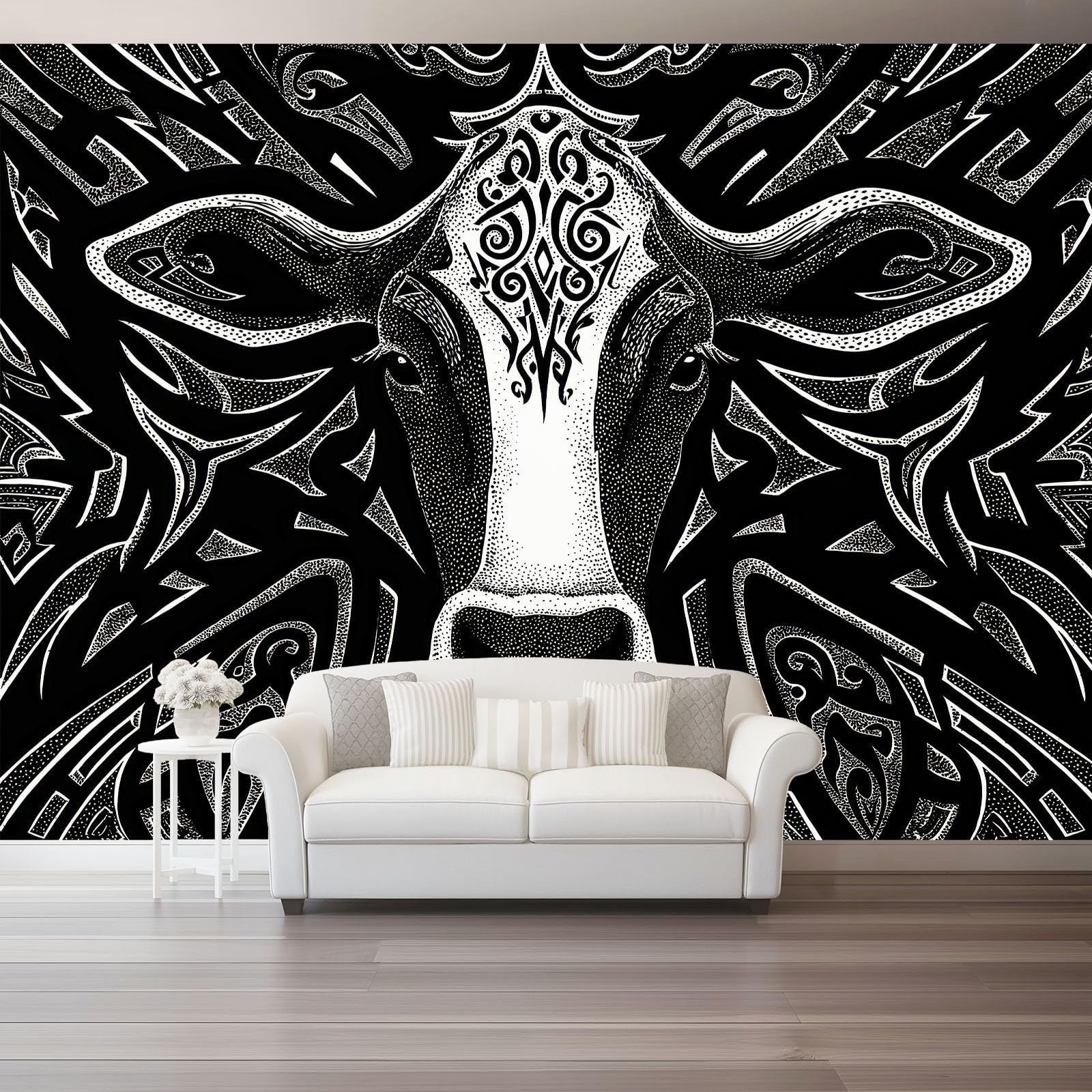 Abstraktes Stammesmuster Fototapete Schwarz 350 x 256 cm Vlies Wandtapete - Moderne Wanddekoration mit Linien & Kuh-Motiv für Schlafzimmer & Wohnzimmer - UV-beständiges Bild Wandbild für Tiefenwirkung