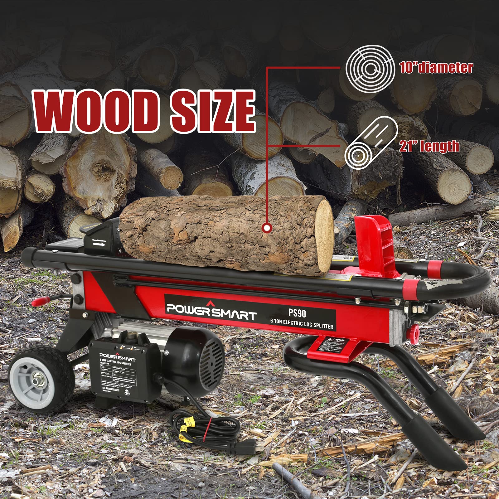 PowerSmart Log Splitter Electric, 6Ton Hydraulic Log Splitter, 15 Amp