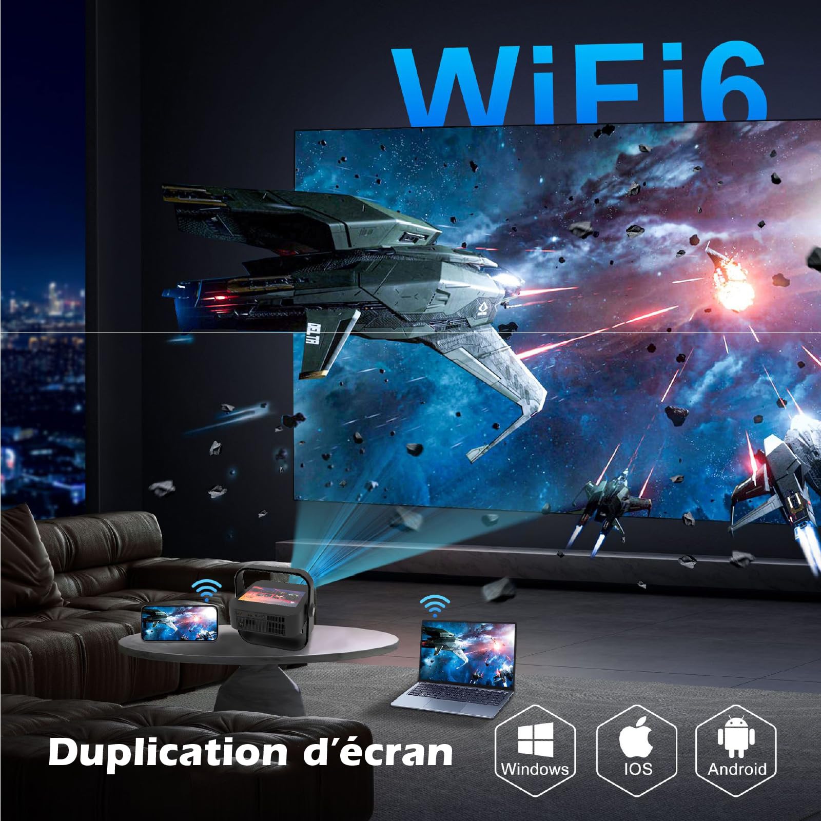 Beamer Ultra HD 4K Android 9 mit 17,8 cm (7 Zoll) KYF Touchscreen, 4K, 6000 Lumen, WLAN 6, Bluetooth 5.1, Autofokus