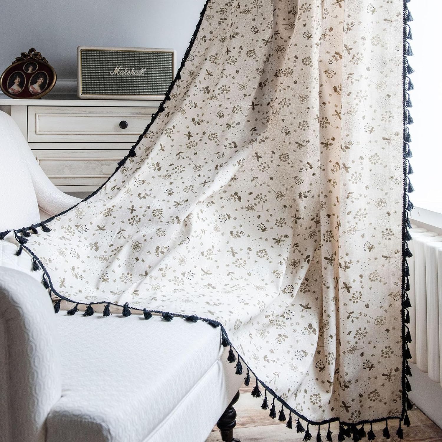 Green Birds Curtains for Living Room Boho Semi-Black Vintage Farmhouse Drapes Cotton Linen Bohemian Branches Window Curtain Panels with Tassel Rod Pocket Bedroom,1 Panel 59" W x 86" L